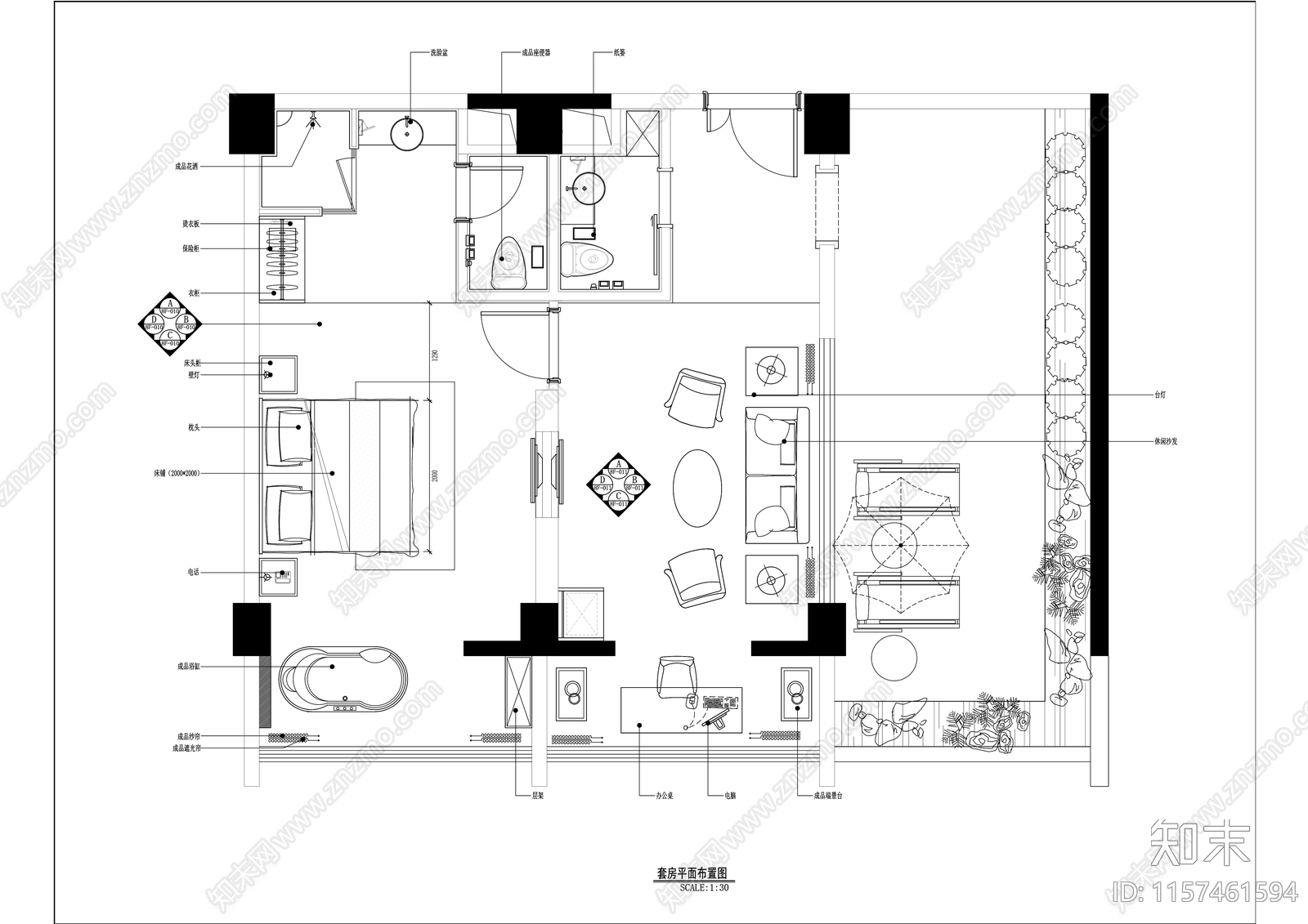 现代简约风格酒店家庭套间带阳台客房室内精装修cad施工图下载【ID:1157461594】