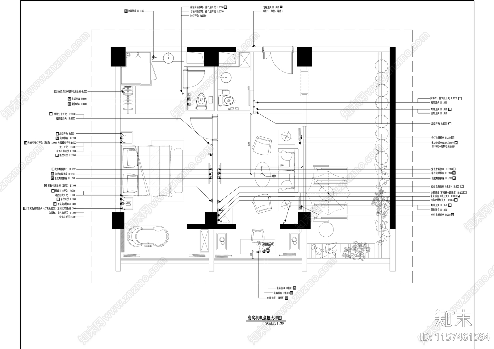 现代简约风格酒店家庭套间带阳台客房室内精装修cad施工图下载【ID:1157461594】