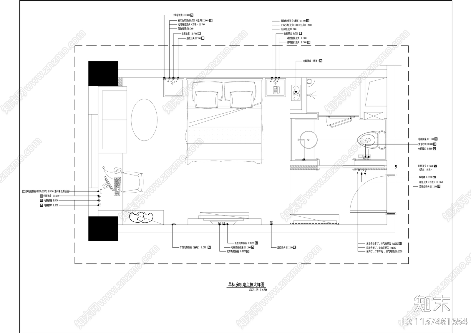 现代风格酒店标准大床房室内精装修cad施工图下载【ID:1157461654】