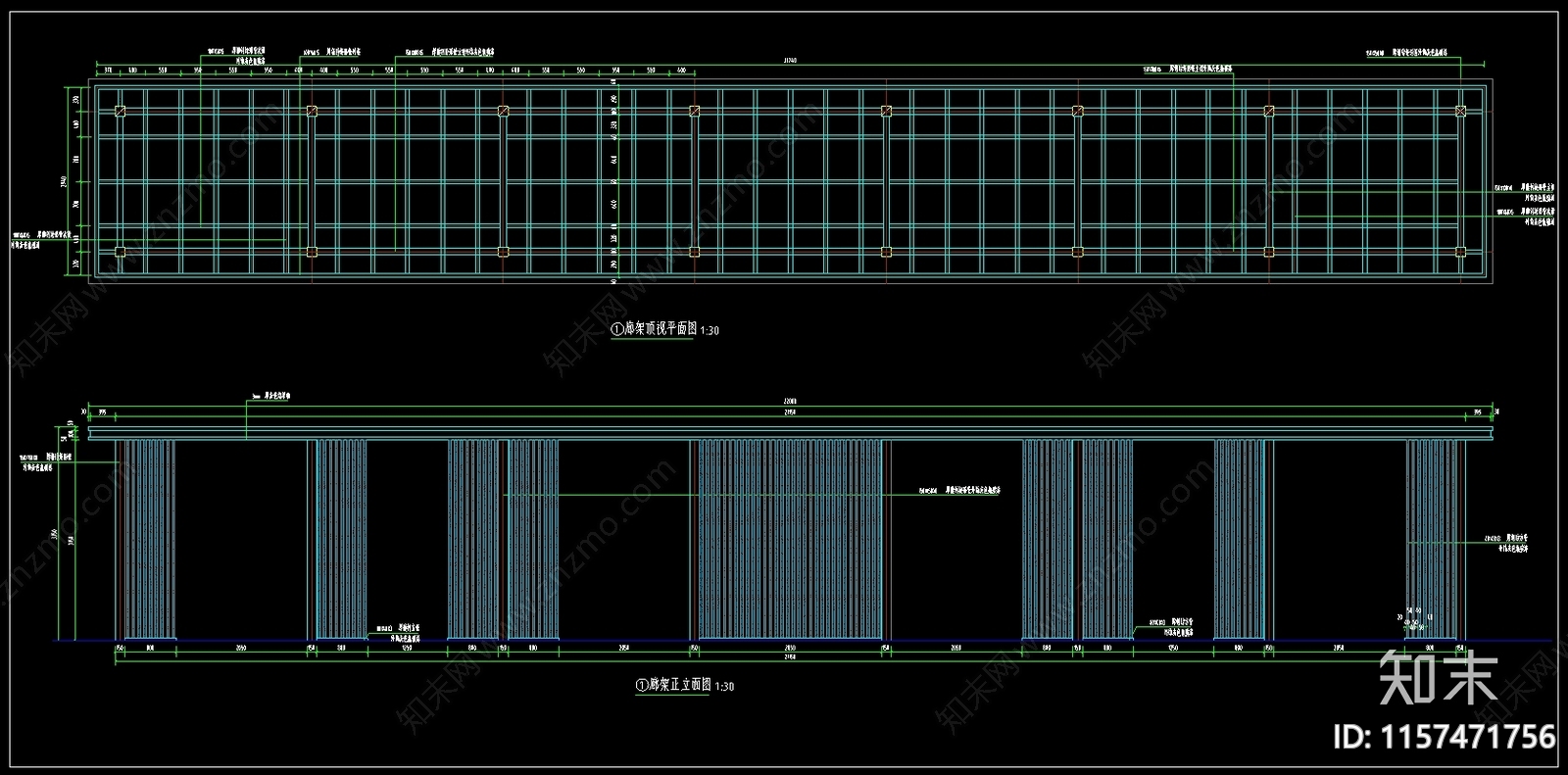 景观廊架cad施工图下载【ID:1157471756】