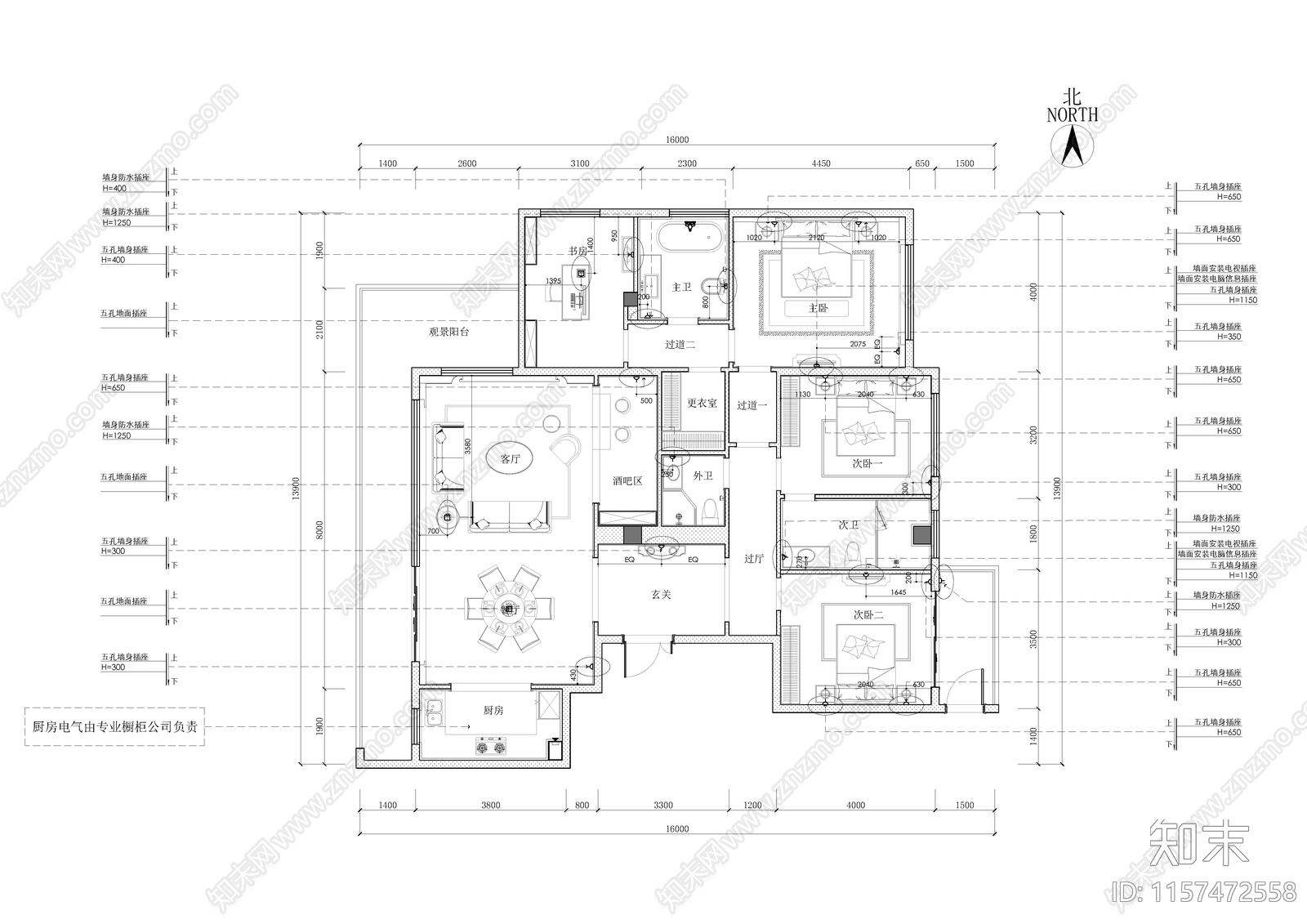 现代家居客厅餐厅卧室卫生间空间布局cad施工图下载【ID:1157472558】