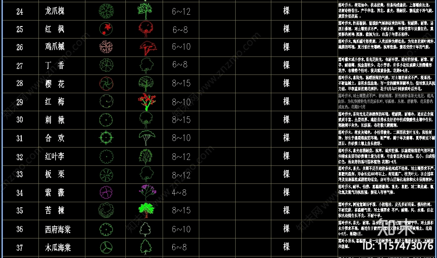 150种植物图例规格及植物生长属性图库集施工图下载【ID:1157473076】