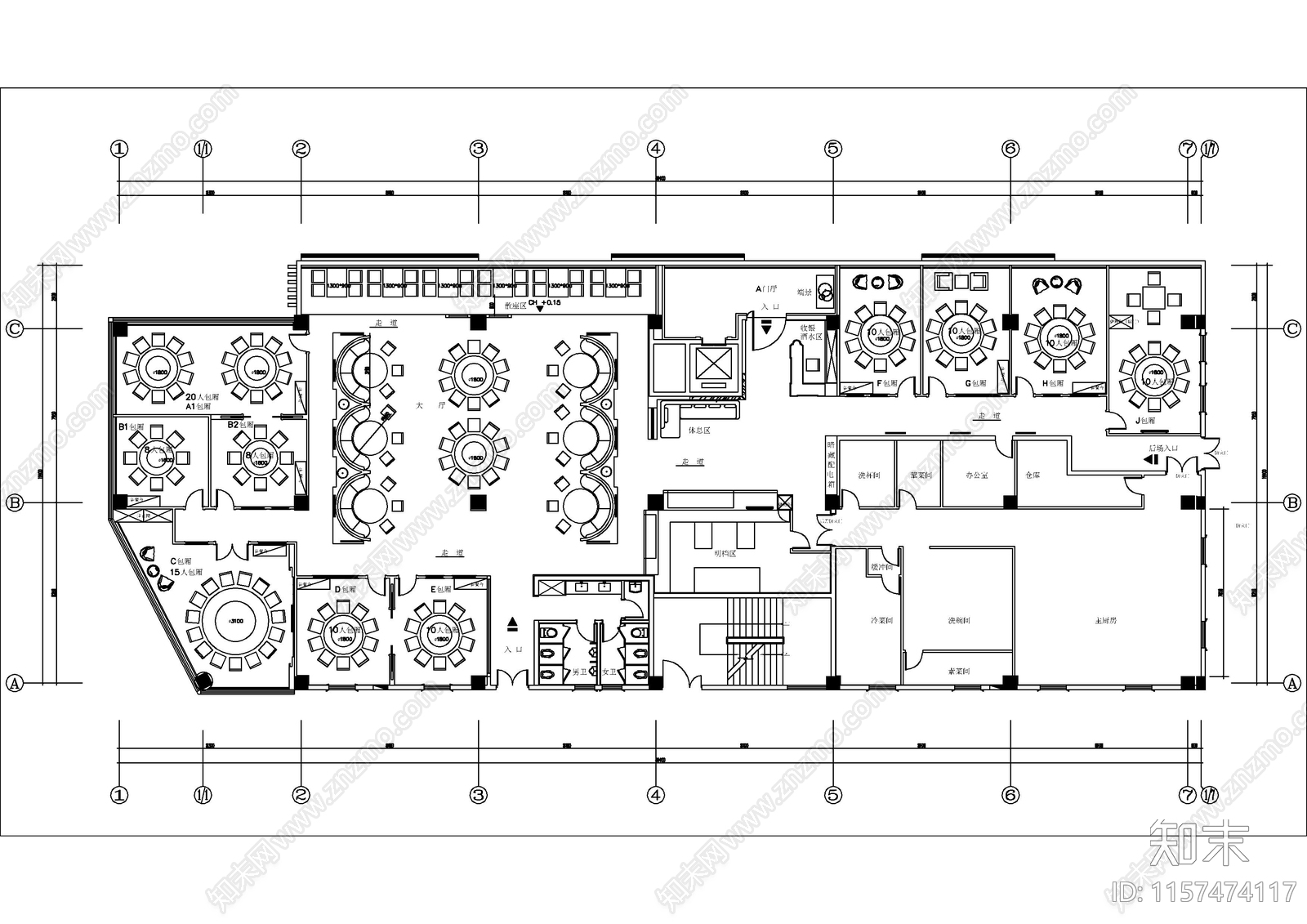 六套特色餐厅平面布置图cad施工图下载【ID:1157474117】