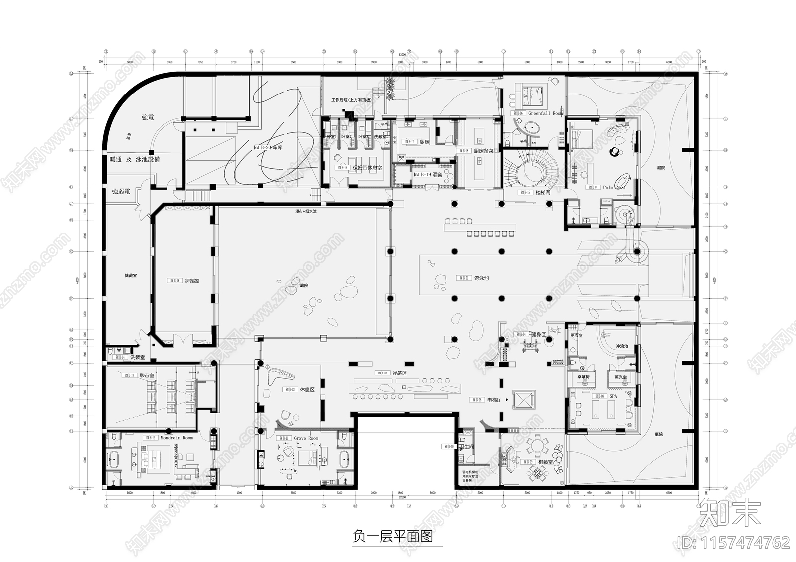 4500㎡别墅平面图设计图cad施工图下载【ID:1157474762】