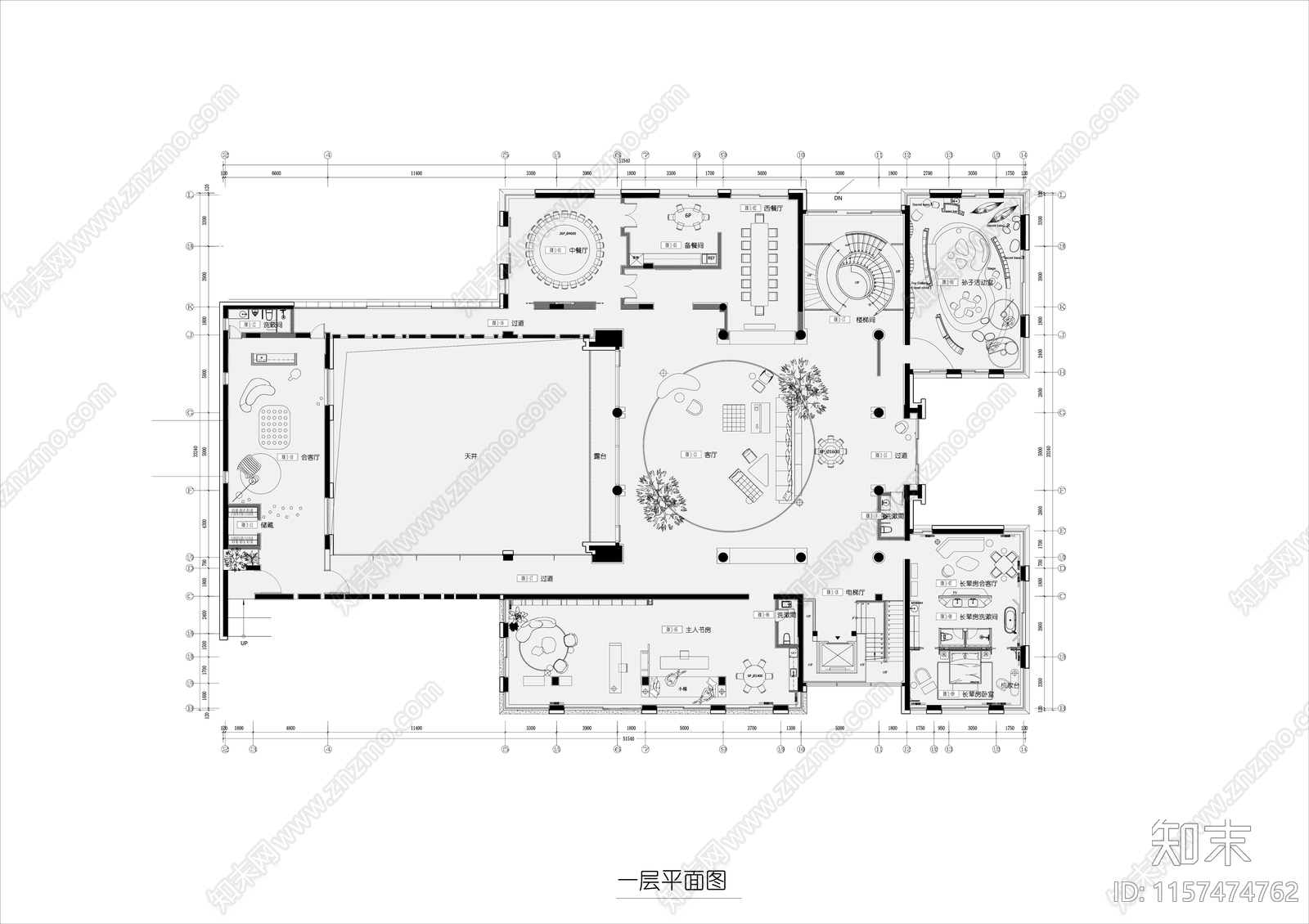 4500㎡别墅平面图设计图cad施工图下载【ID:1157474762】