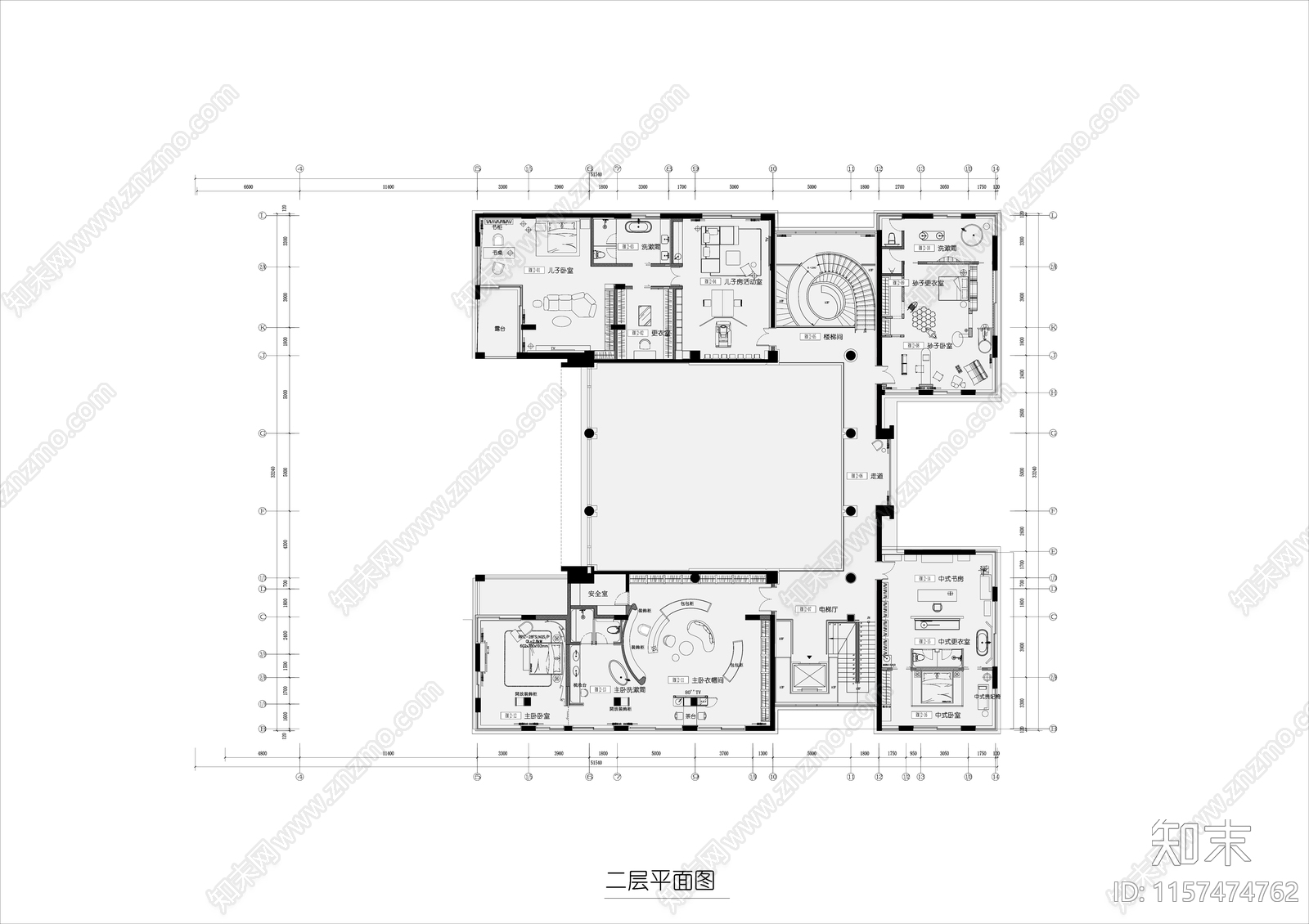 4500㎡别墅平面图设计图cad施工图下载【ID:1157474762】