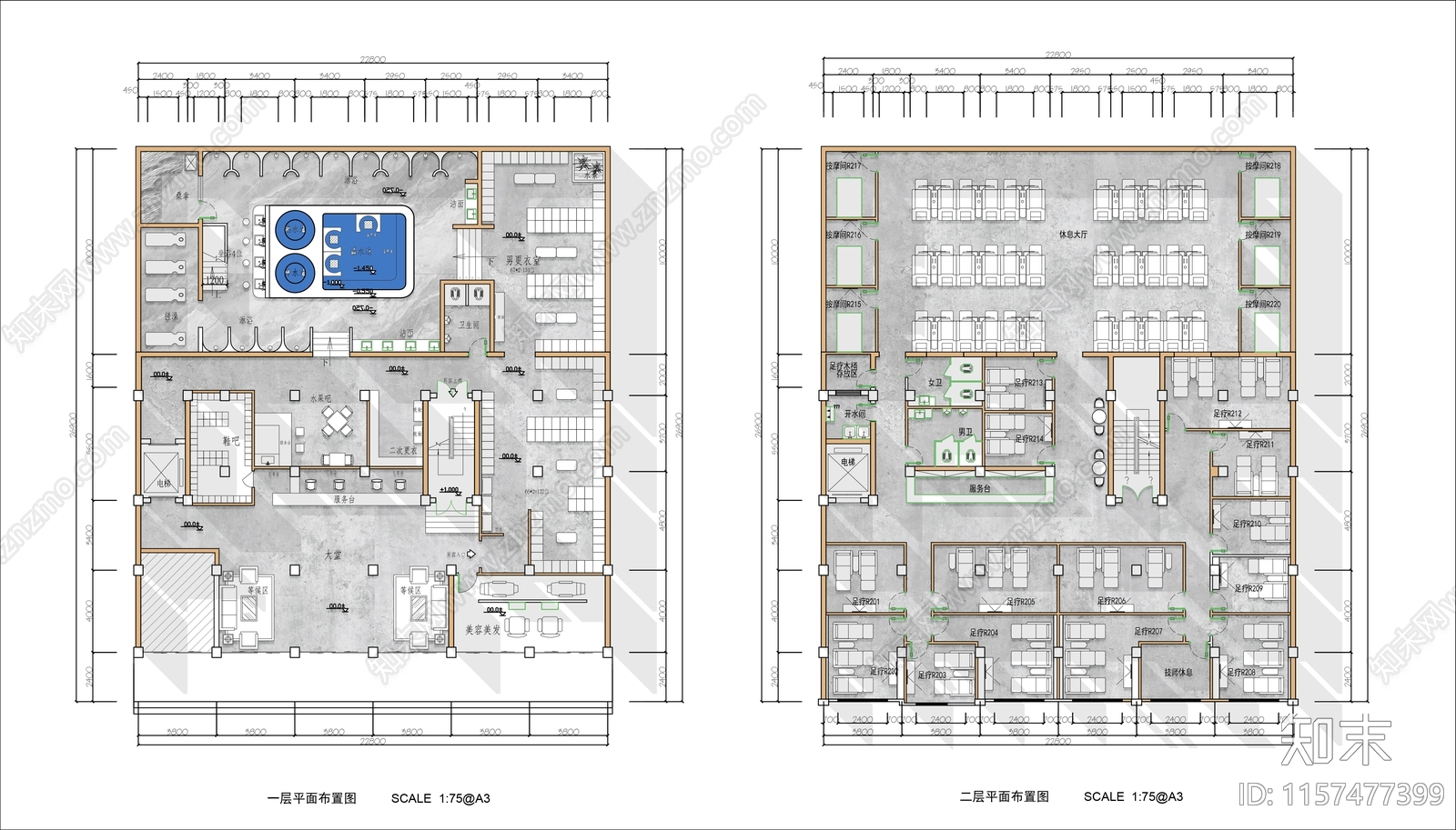 1200㎡两层水疗洗浴中心平面布置图施工图下载【ID:1157477399】