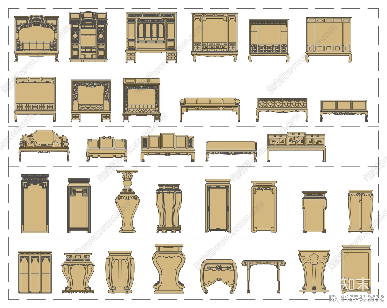 中式床榻cad施工图下载【ID:1157480652】