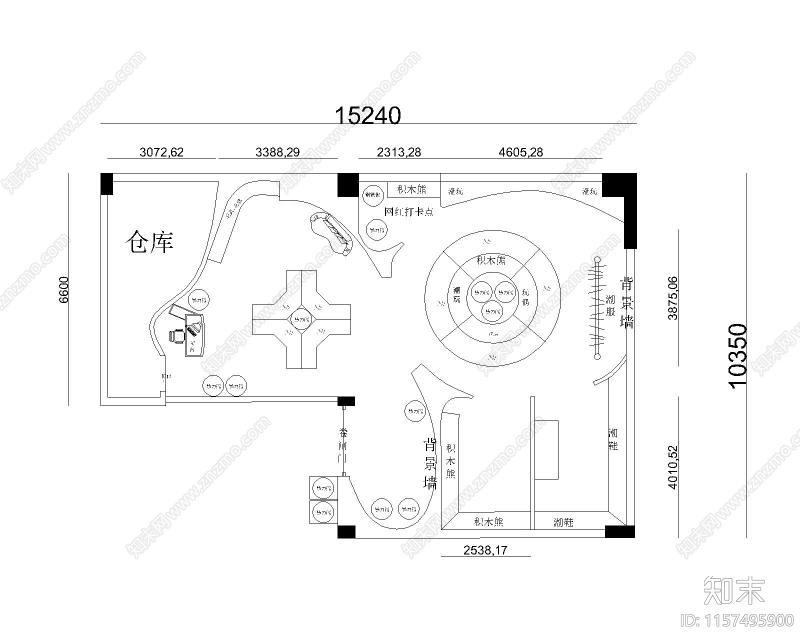 潮玩店平面图cad施工图下载【ID:1157495900】