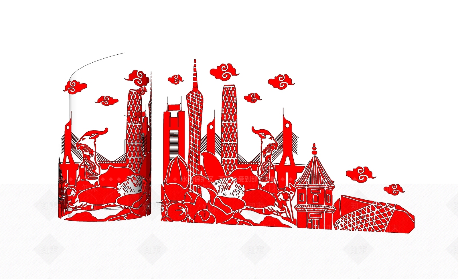 新中式广州城市剪影五羊雕塑红色党建景观雕塑小品SU模型下载【ID:1158326974】