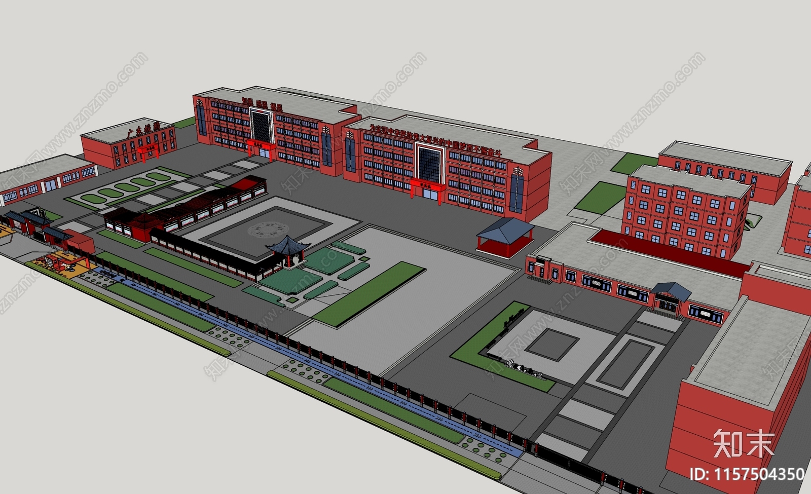 新中式乡村红色小学民族团结建筑景观SU模型下载【ID:1157504350】