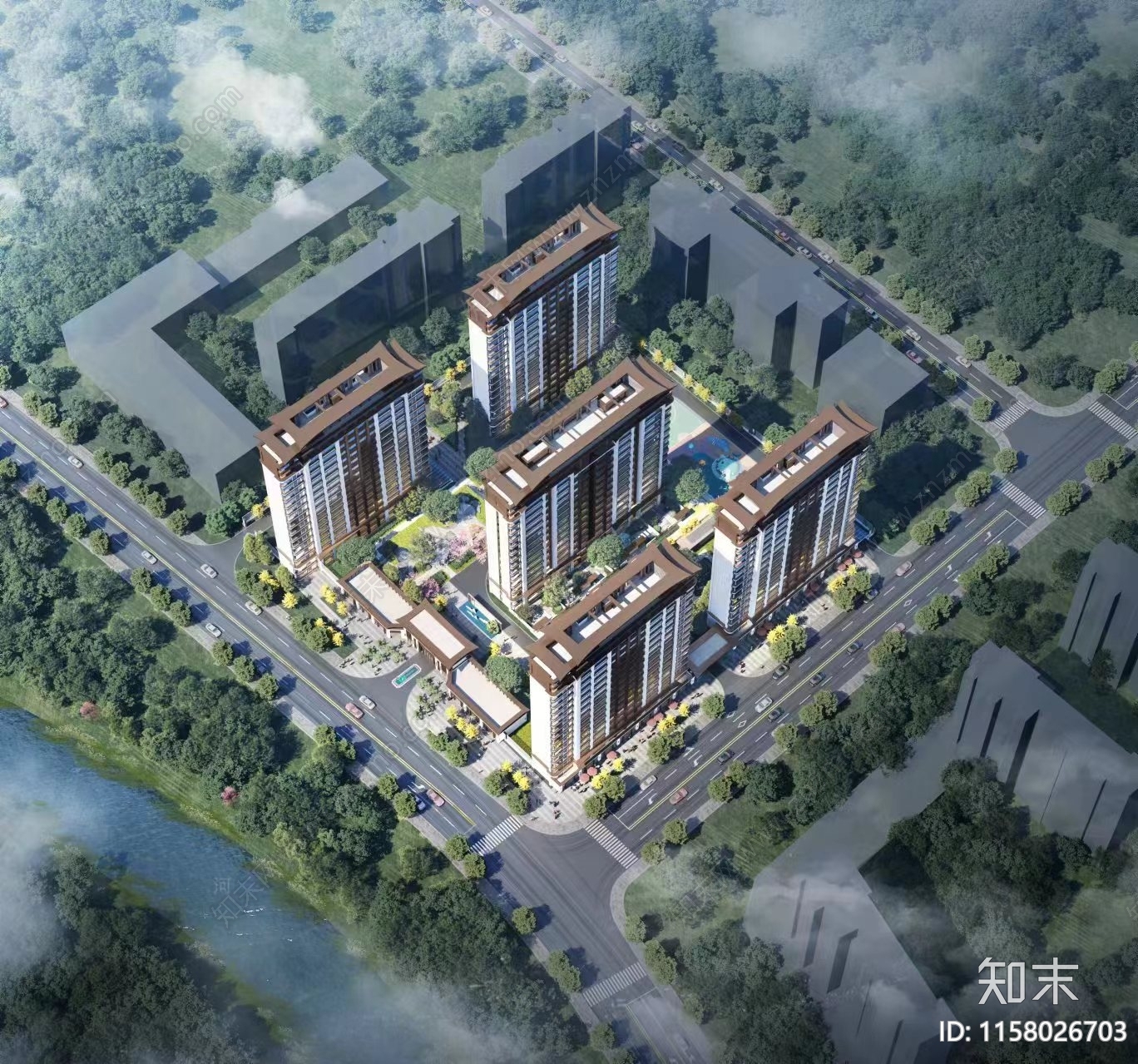 新中式小区建筑SU模型下载【ID:1158026703】