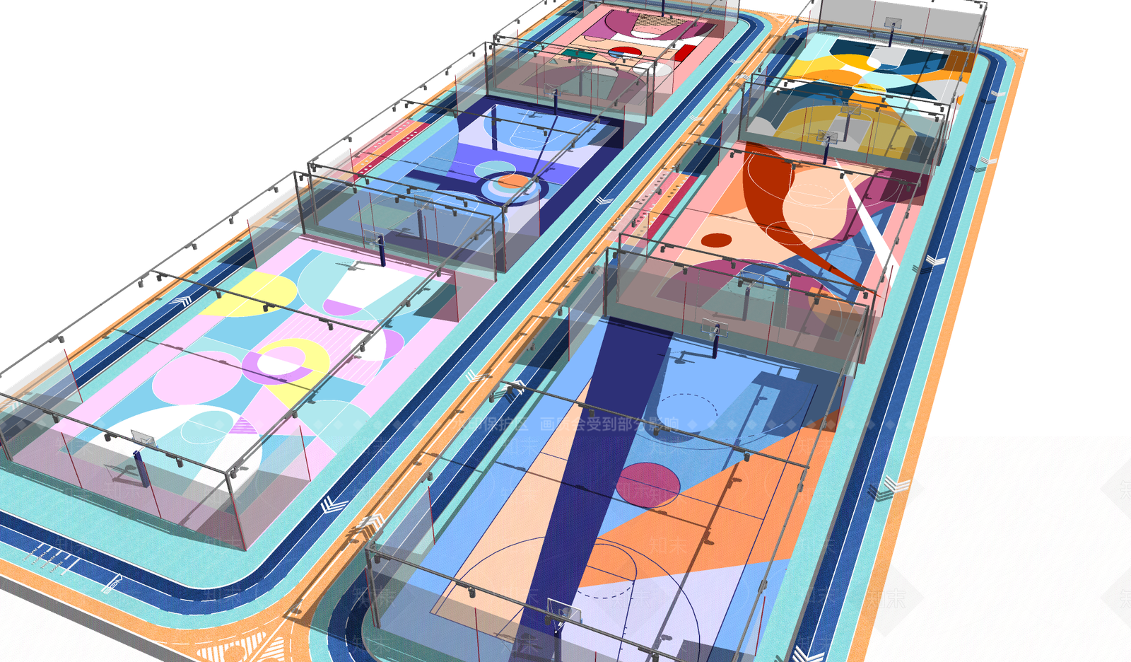 现代创意户外篮球运动场地SU模型下载【ID:1157530551】