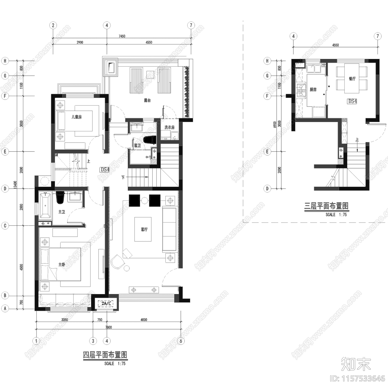 简欧现代上海绿地启东复式样板间室内家装cad施工图下载【ID:1157533646】