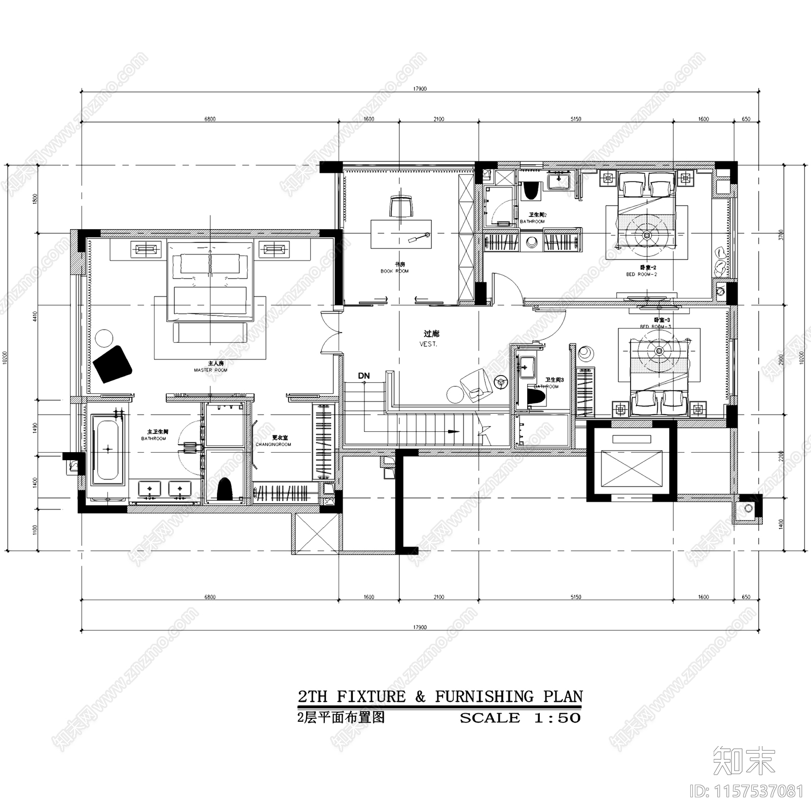 新中式简约深圳京基长岭二层别墅室内家装cad施工图下载【ID:1157537081】