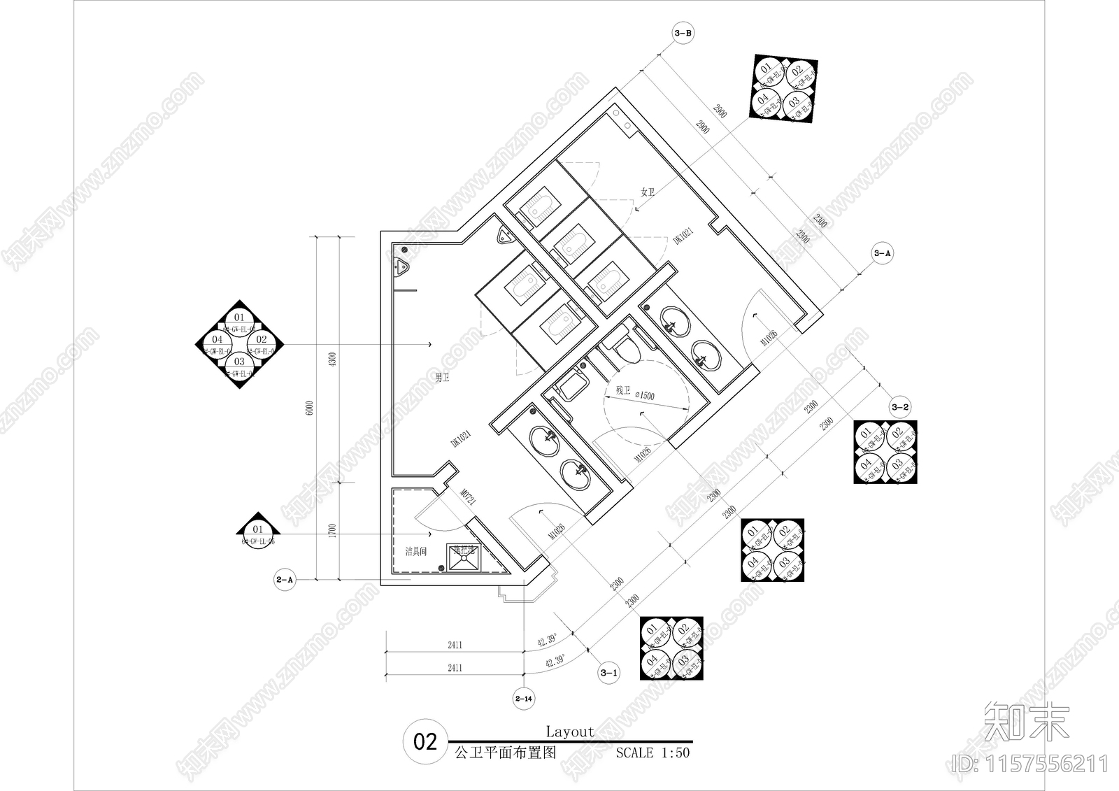 公共卫生间详图cad施工图下载【ID:1157556211】