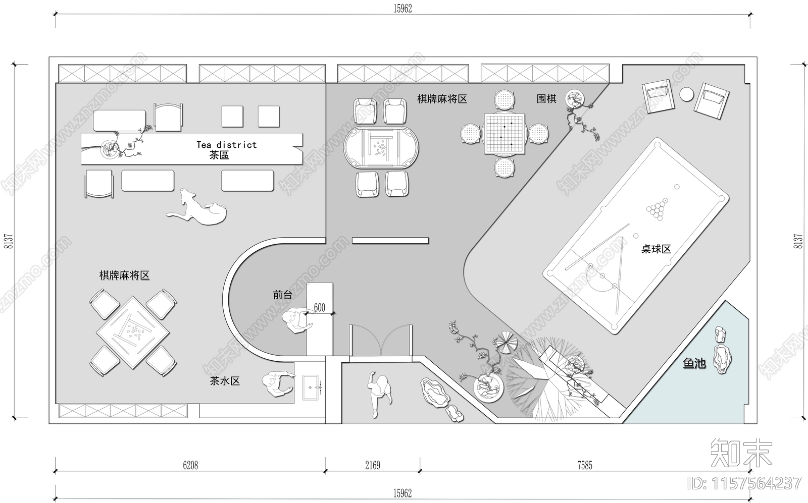 棋牌麻将室休闲娱乐会所桌球俱乐部平面图施工图下载【ID:1157564237】