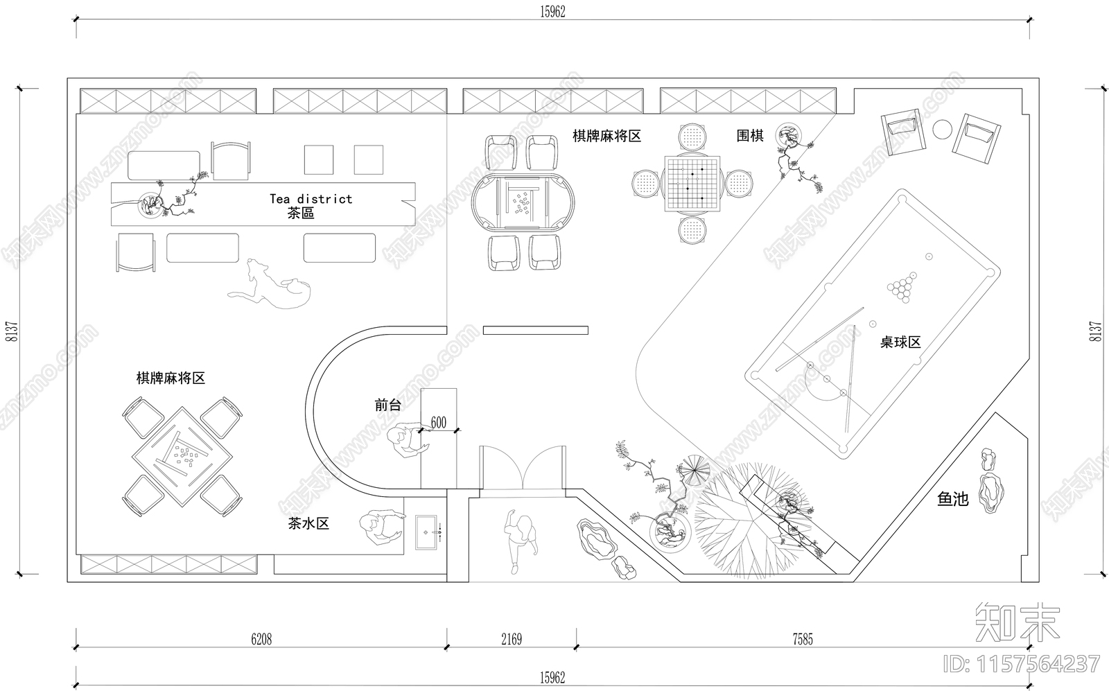 棋牌麻将室休闲娱乐会所桌球俱乐部平面图施工图下载【ID:1157564237】