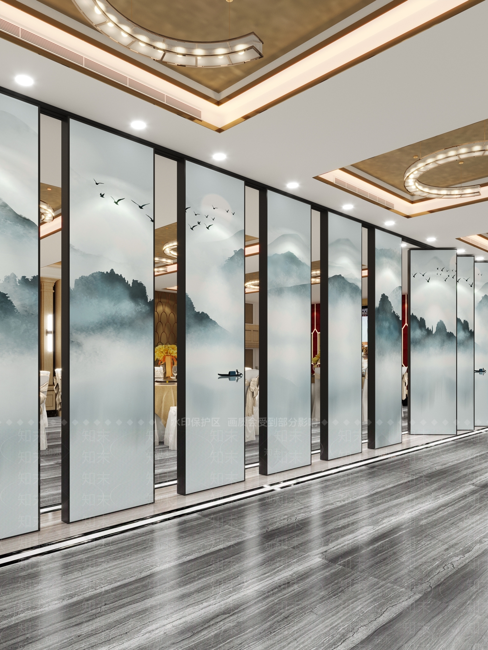 新中式酒店隔断宴会厅宴会桌椅屏幕大理石灯3D模型下载【ID:1157564808】