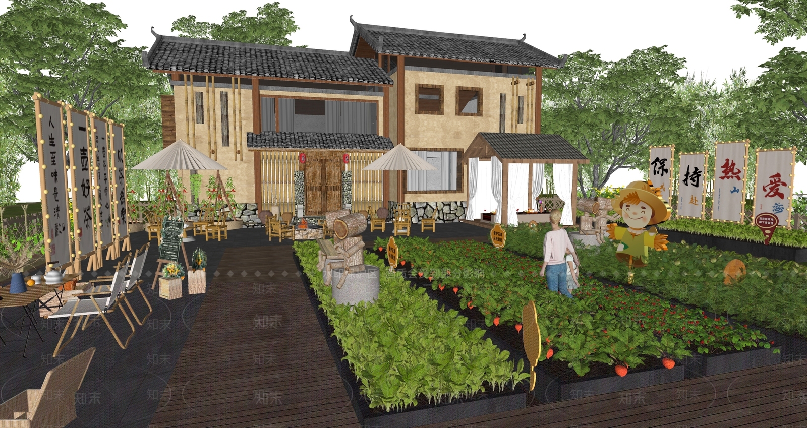 新中式乡村庭院SU模型下载【ID:1157564708】