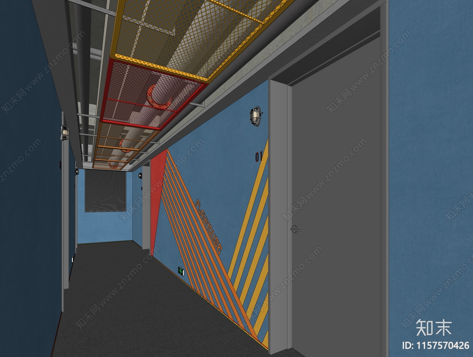 现代电竞酒店走廊SU模型下载【ID:1157570426】