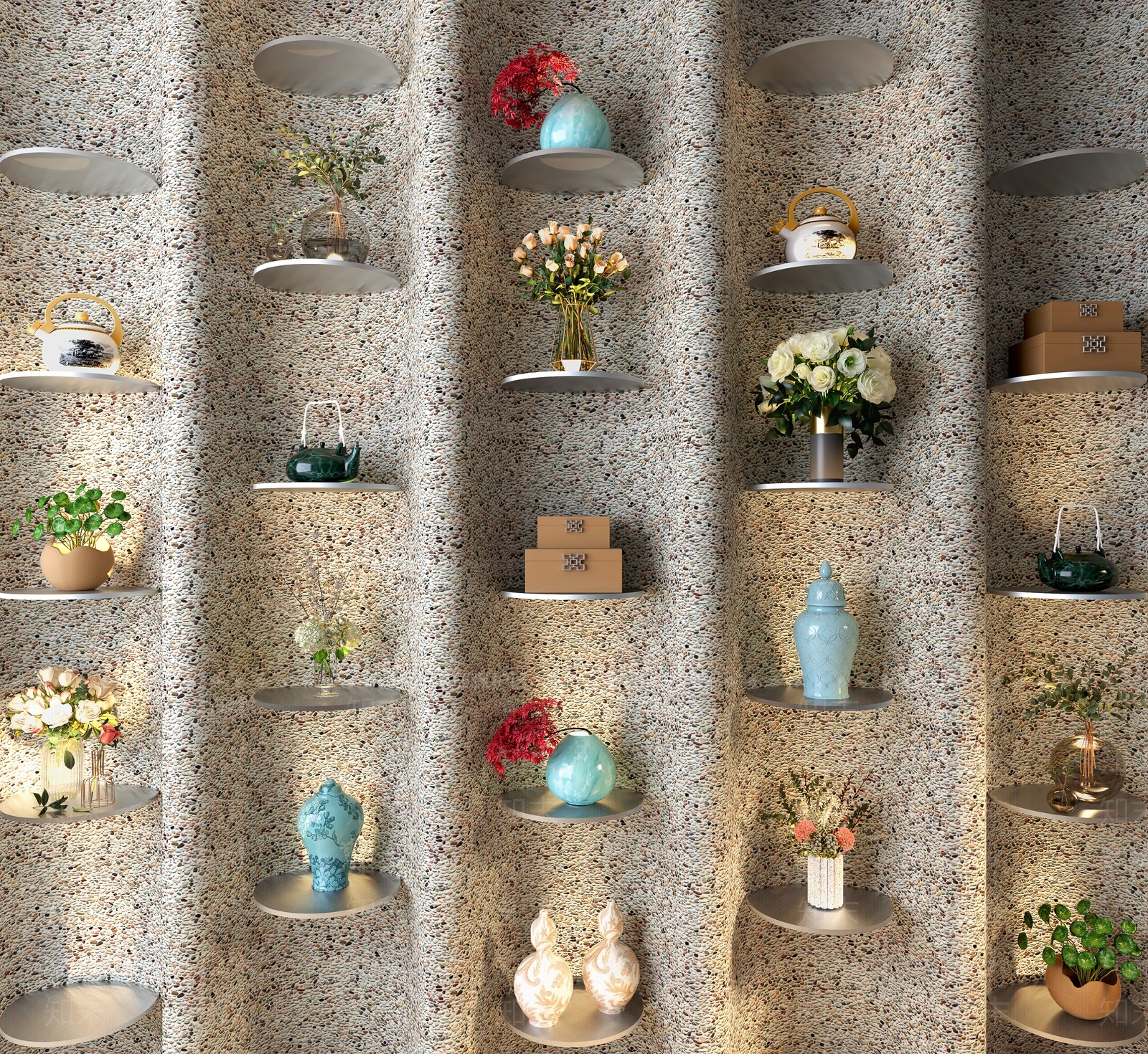 现代鹅卵石墙花店置物架SU模型下载【ID:1157573995】