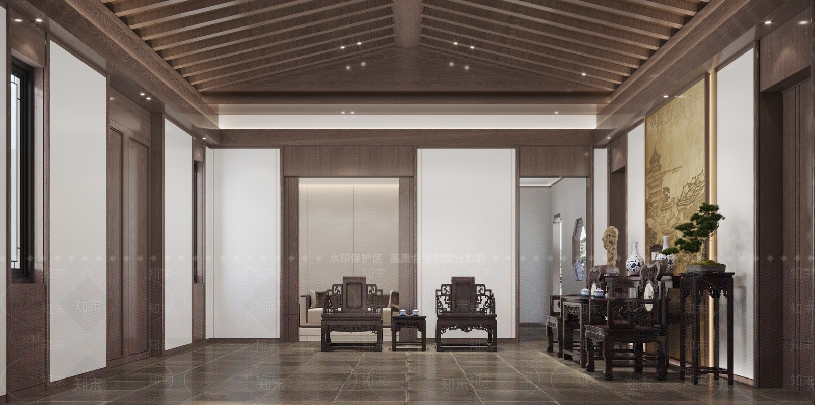 现代中式客厅中堂餐厅包间3D模型下载【ID:1157581266】