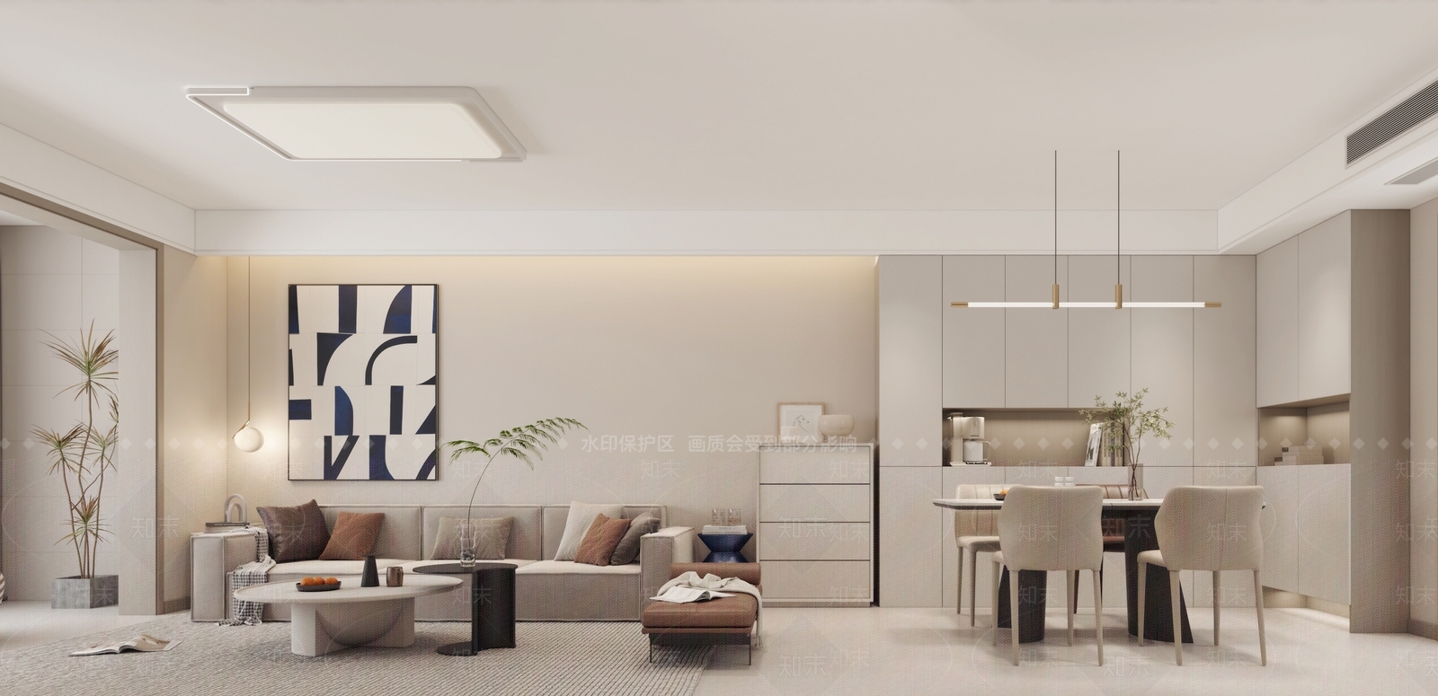 现代奶油风客餐厅吸顶灯电视柜吊顶3D模型下载【ID:1157608351】