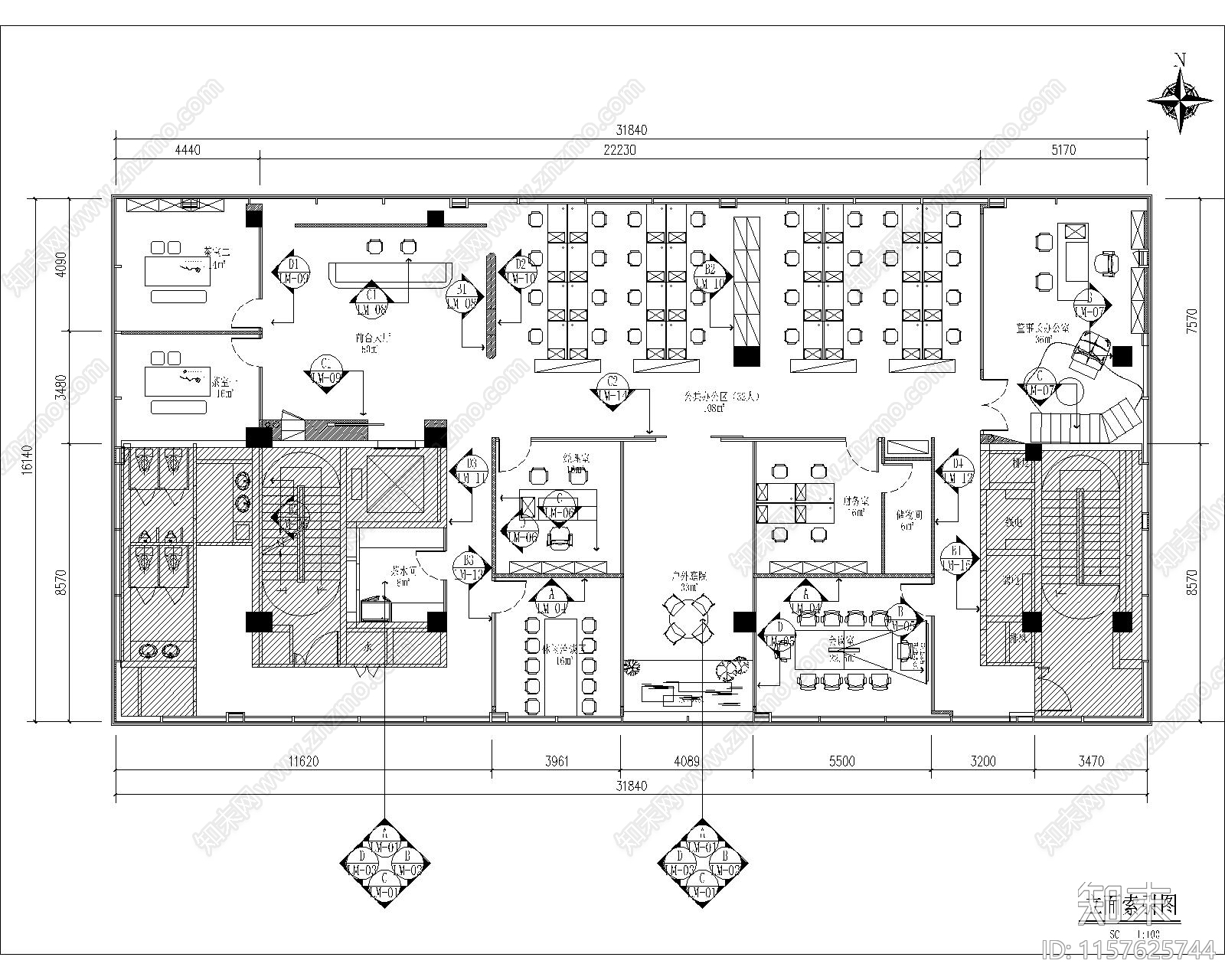 300平方办公室平面cad施工图下载【ID:1157625744】