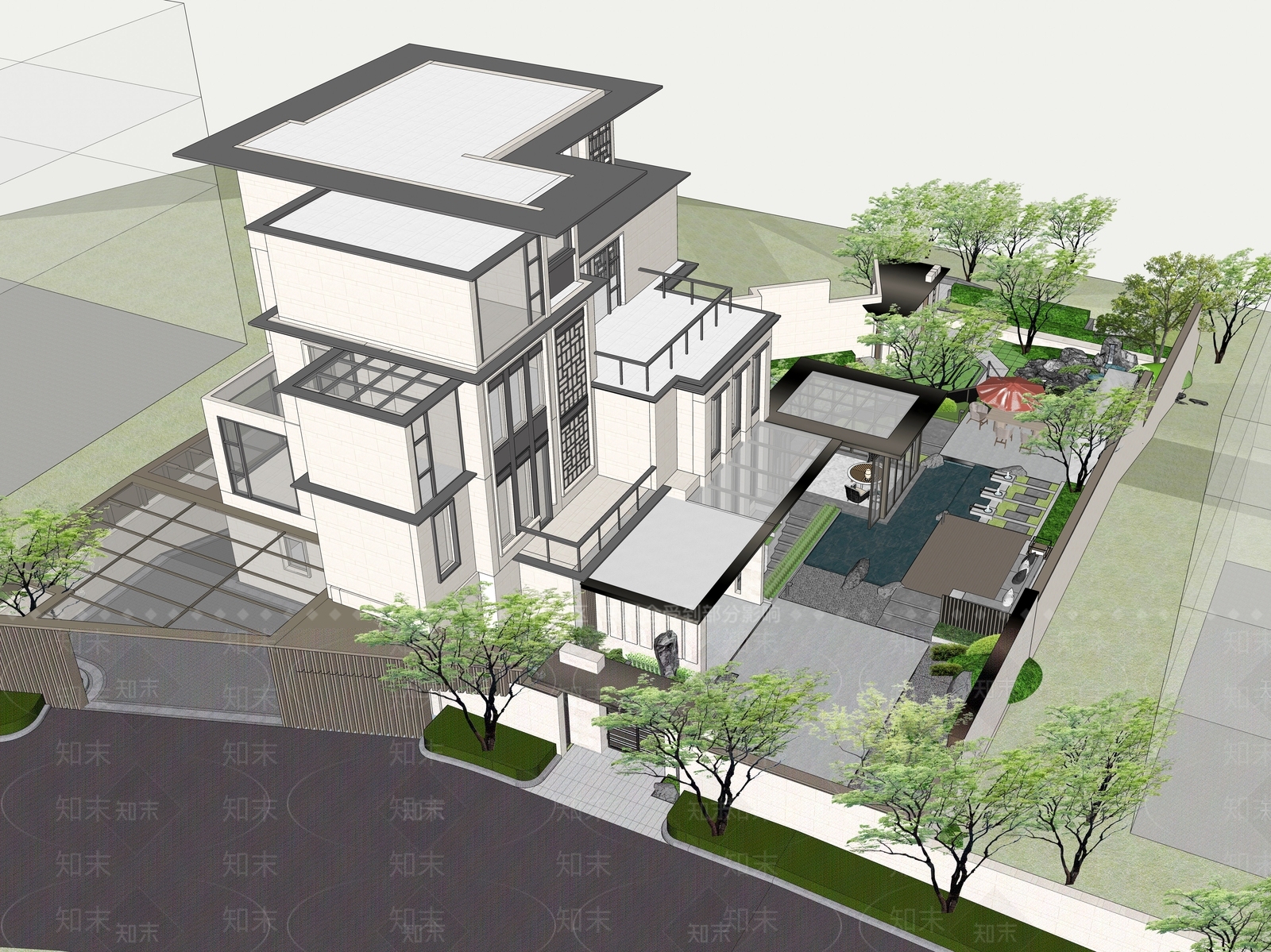 现代庭院住宅景观SU模型下载【ID:1157628723】