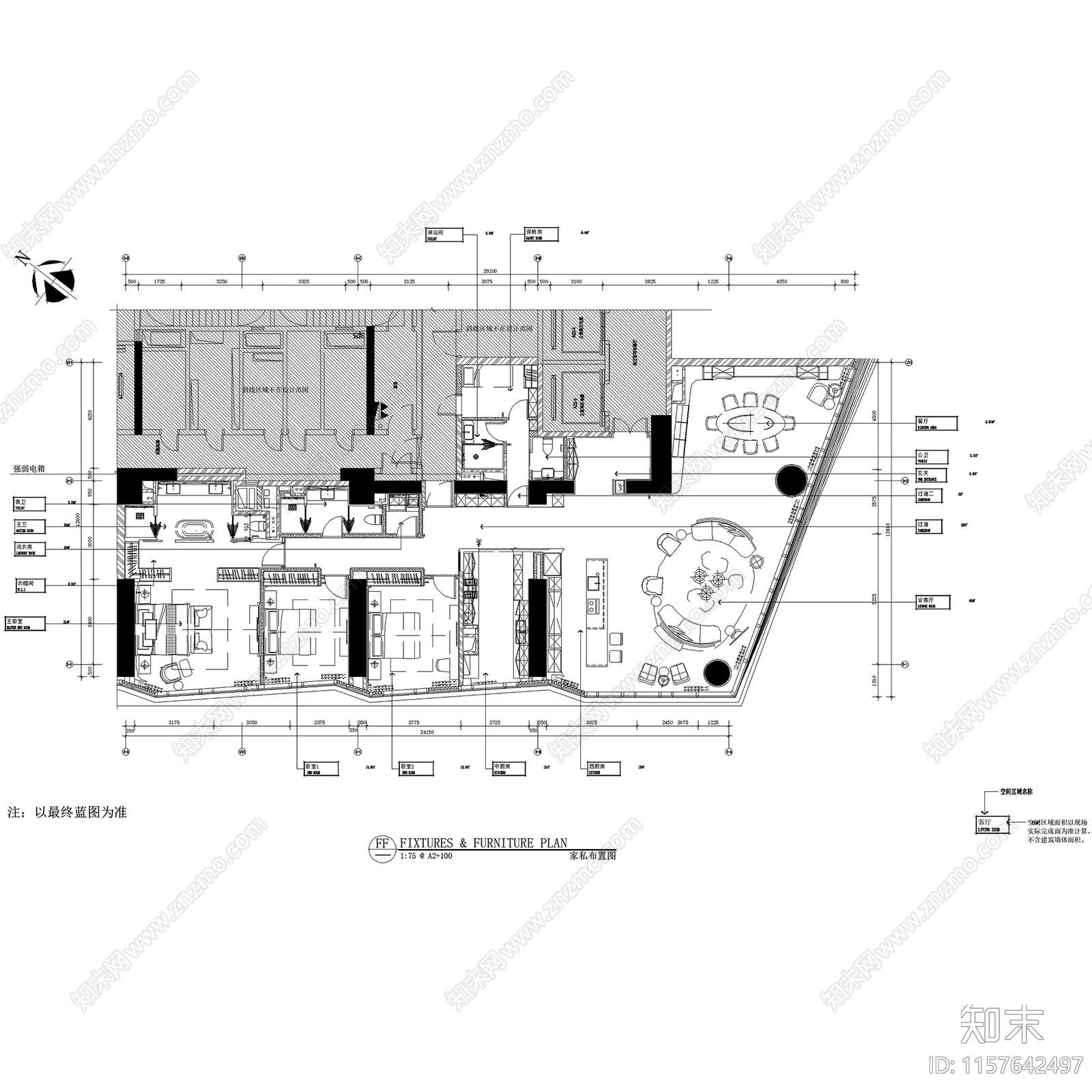 轻奢青岛国信海天中心样板间E2户型280㎡室内家装cad施工图下载【ID:1157642497】