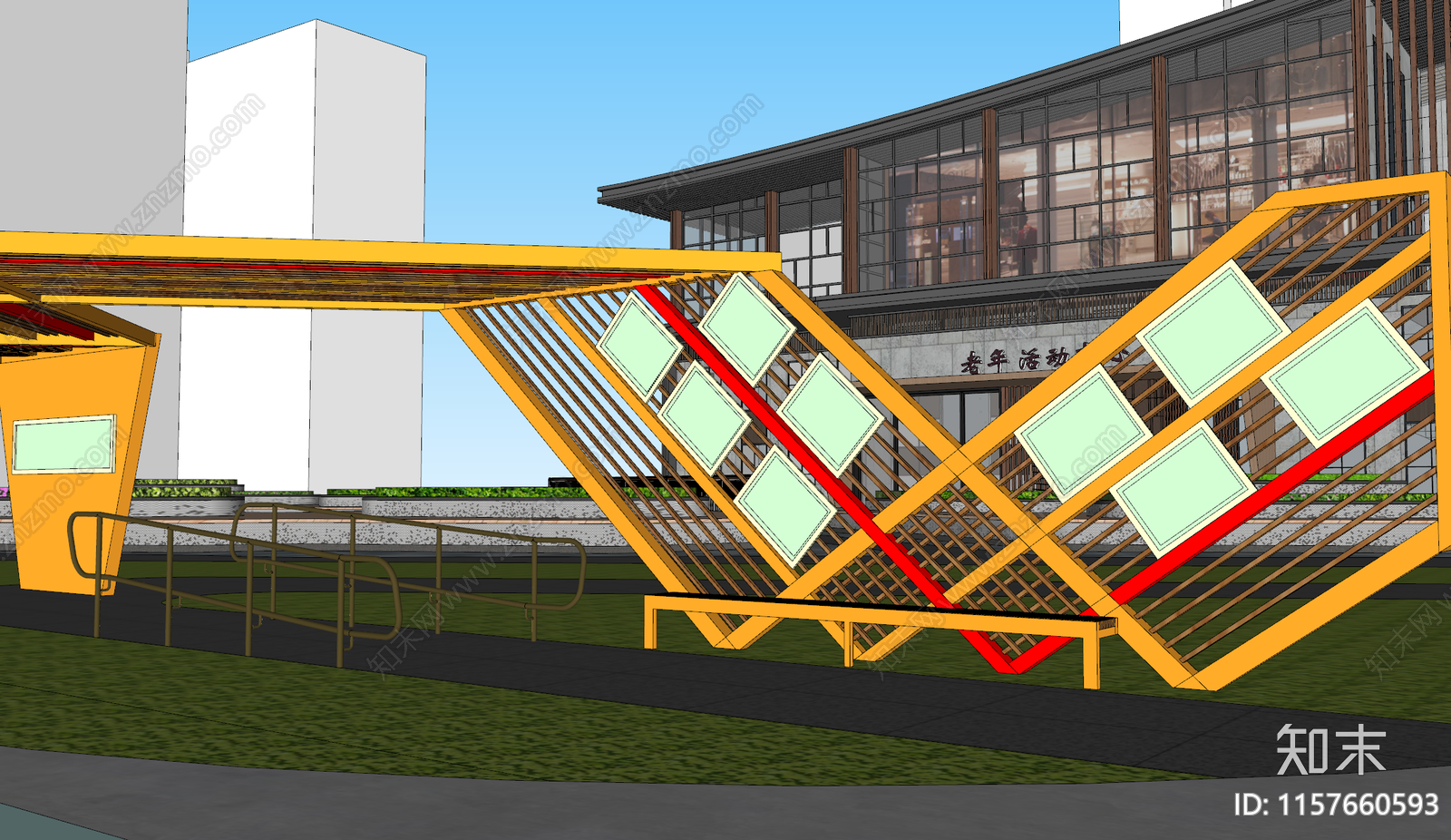 现代小区景观廊架SU模型下载【ID:1157660593】