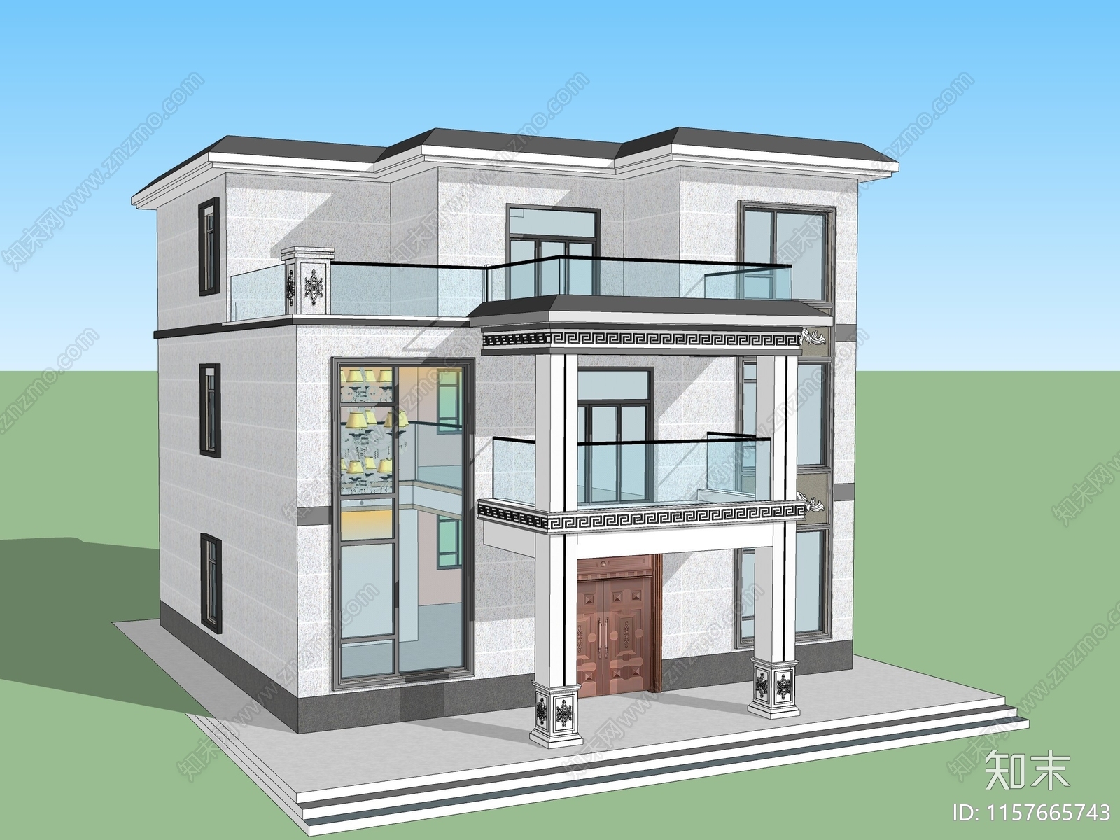 简欧农村自建挑空别墅SU模型下载【ID:1157665743】