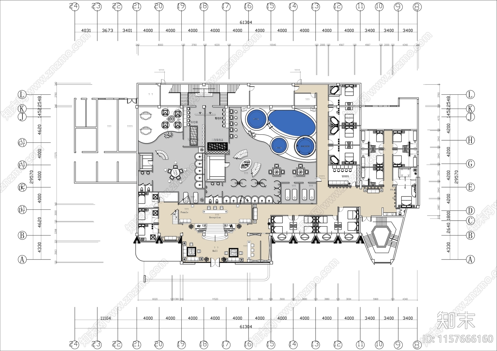 4000㎡两层SPA桑拿洗浴中心平面布置图施工图下载【ID:1157666160】