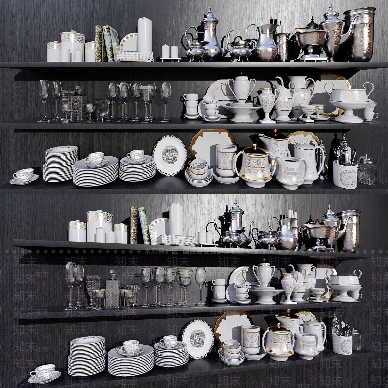 盘子酒杯碗盘子餐具组合3D模型下载【ID:1157667951】