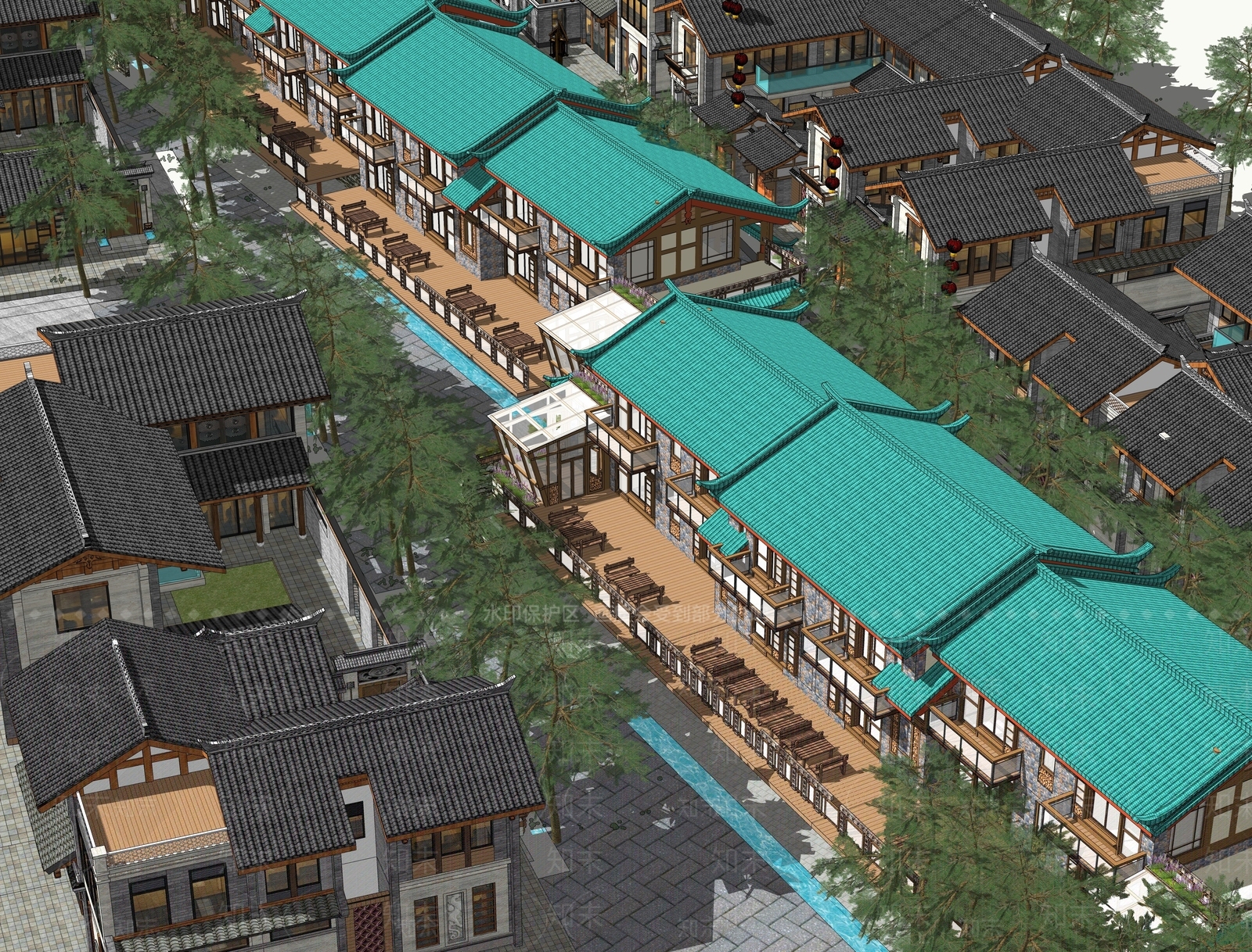 中式古城古镇商业街SU模型下载【ID:1157670771】