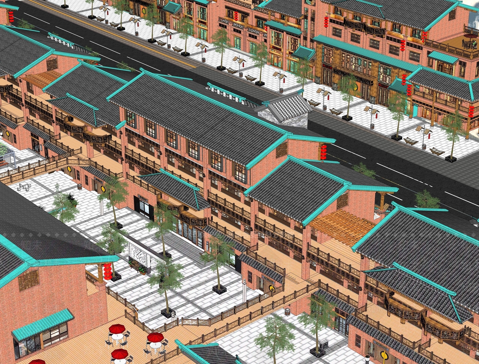 中式汉唐风格仿古商业街SU模型下载【ID:1157674166】