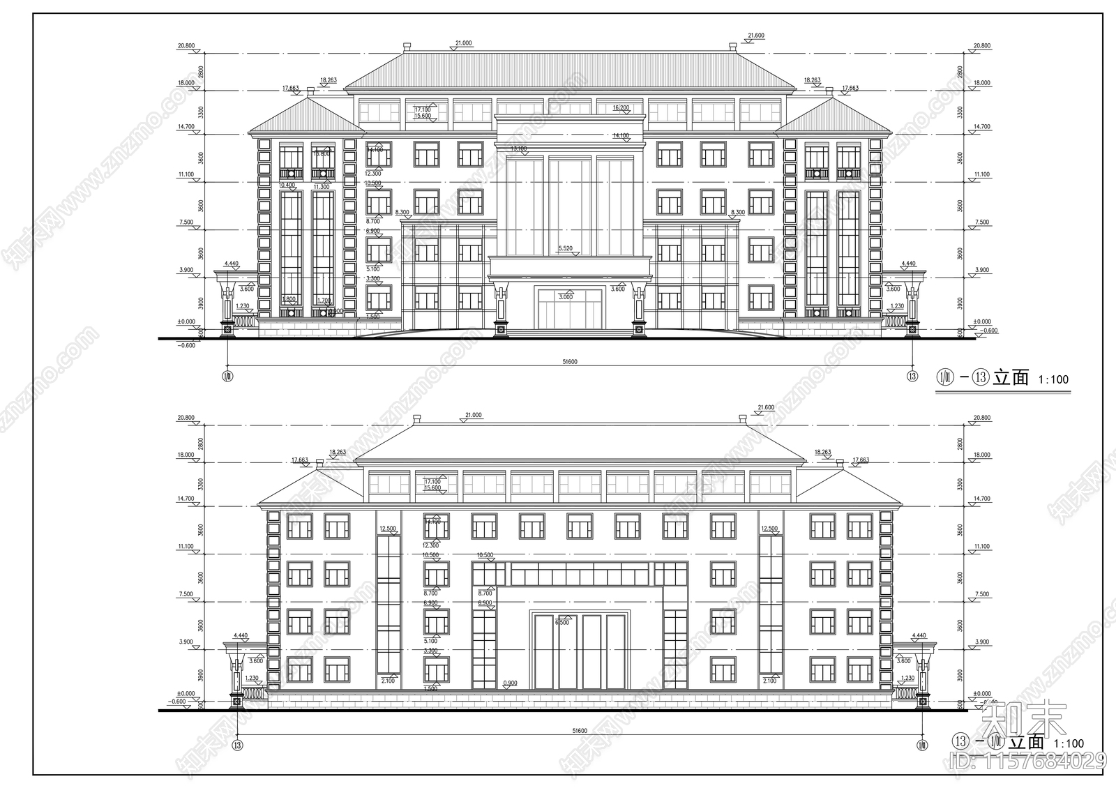 五层中式办公楼建筑方案图cad施工图下载【ID:1157684029】