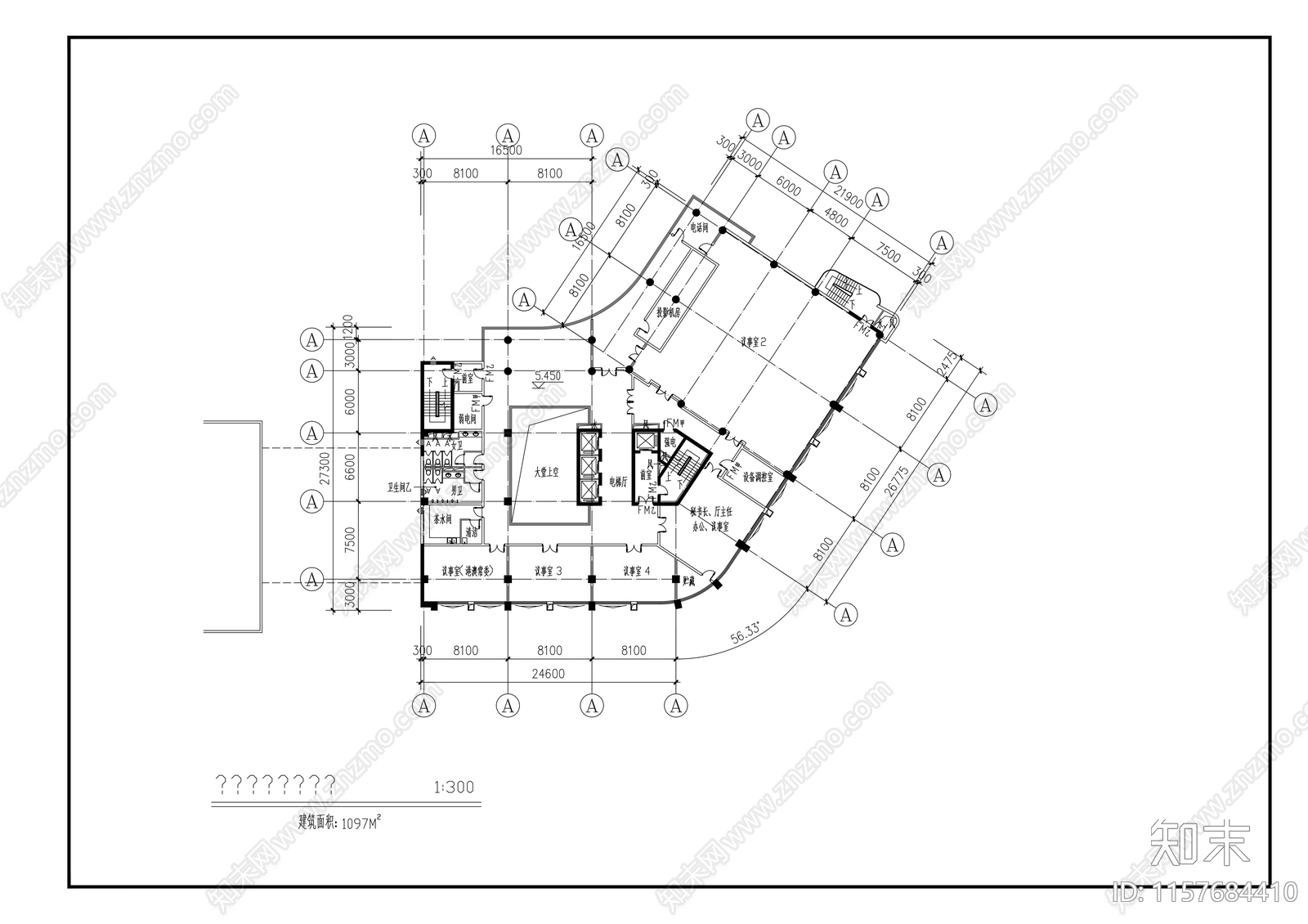 议事中心建筑cad施工图下载【ID:1157684410】