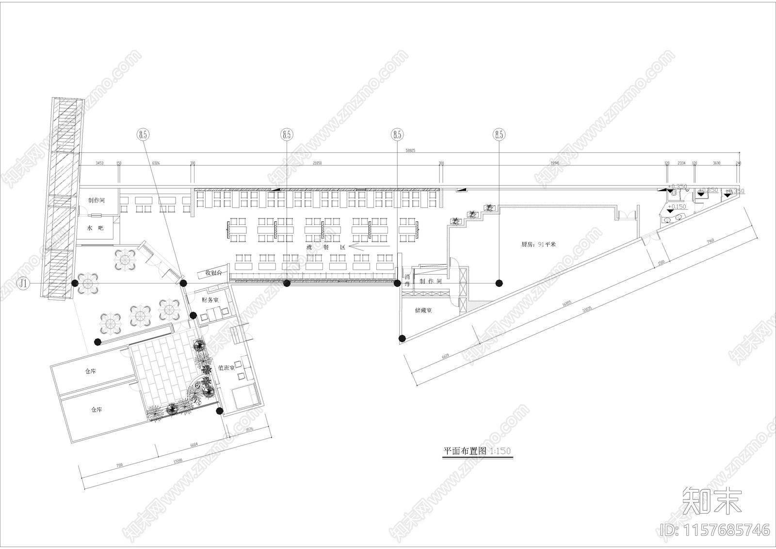 680㎡餐厅cad施工图下载【ID:1157685746】