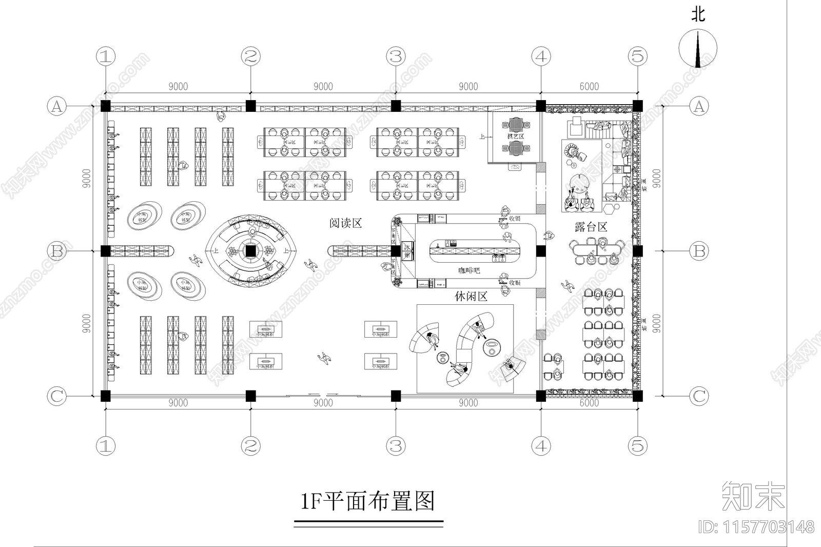 学校图书馆休闲书吧文化阅读室书咖室内设计平面布局图施工图下载【ID:1157703148】