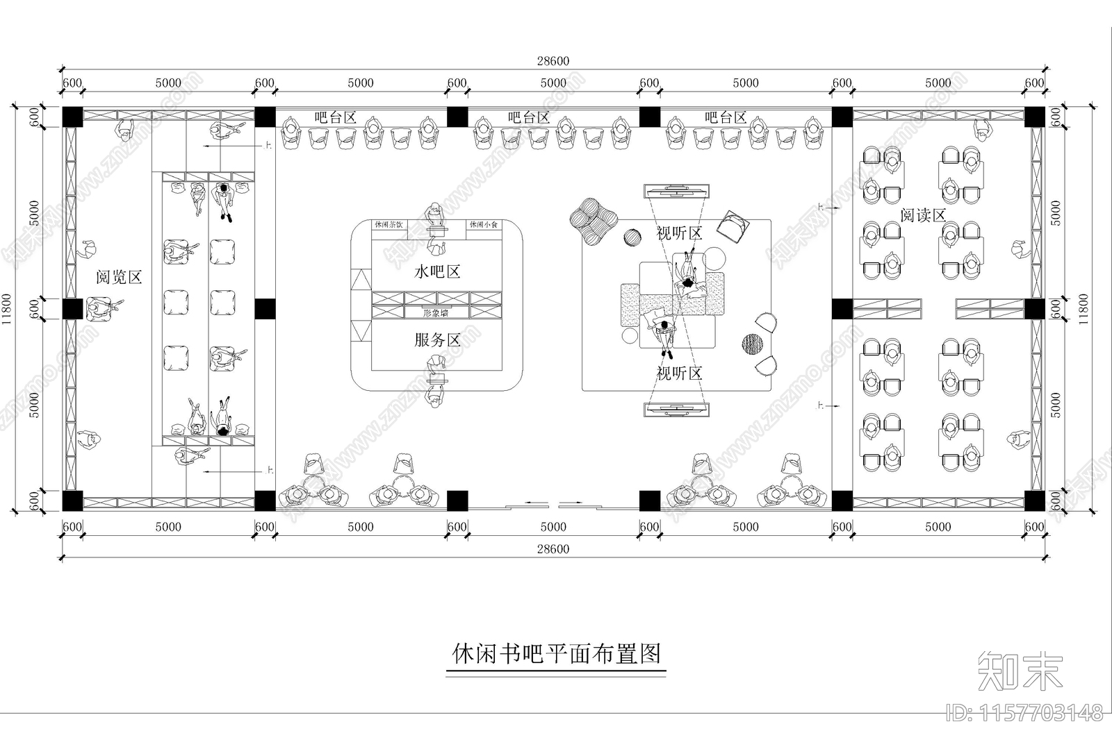 学校图书馆休闲书吧文化阅读室书咖室内设计平面布局图施工图下载【ID:1157703148】