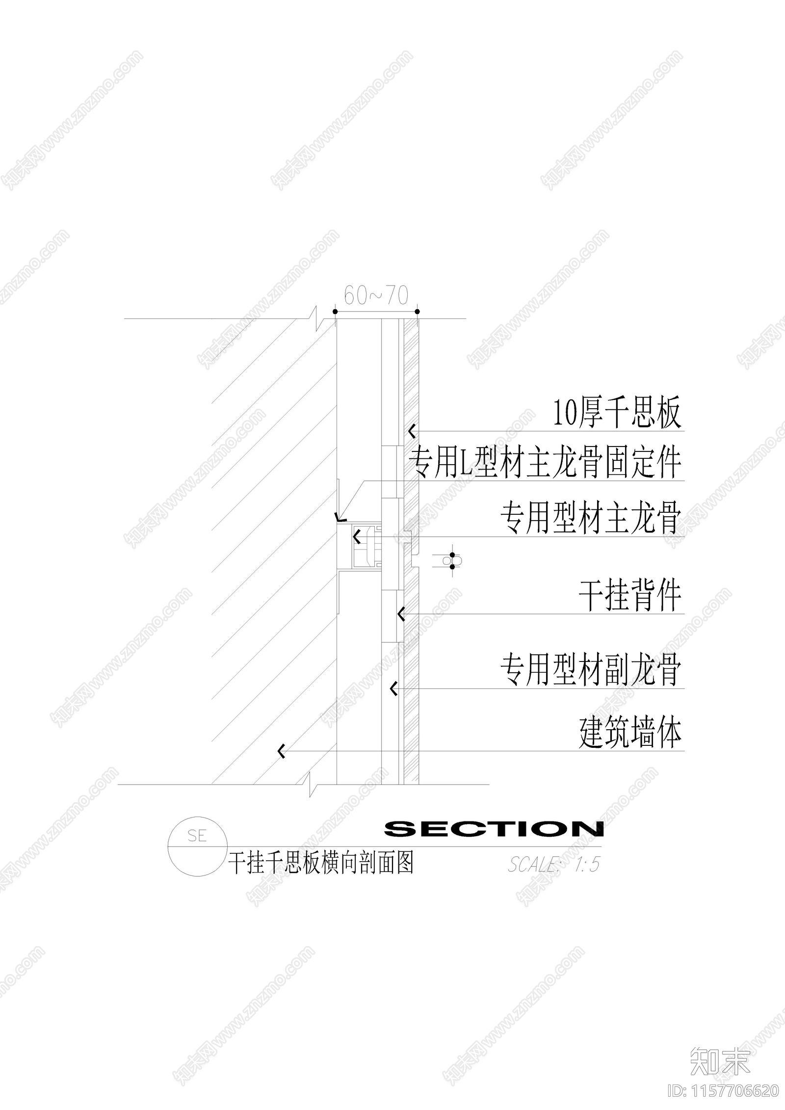 干挂千思板横向剖面图cad施工图下载【ID:1157706620】