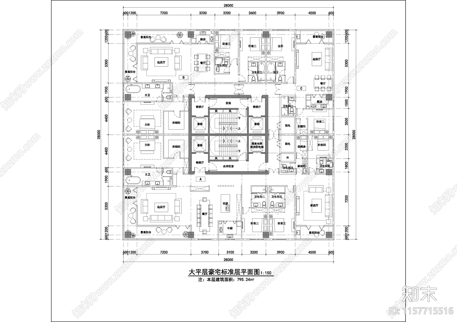 大平层标准层平面图纸cad施工图下载【ID:1157715516】