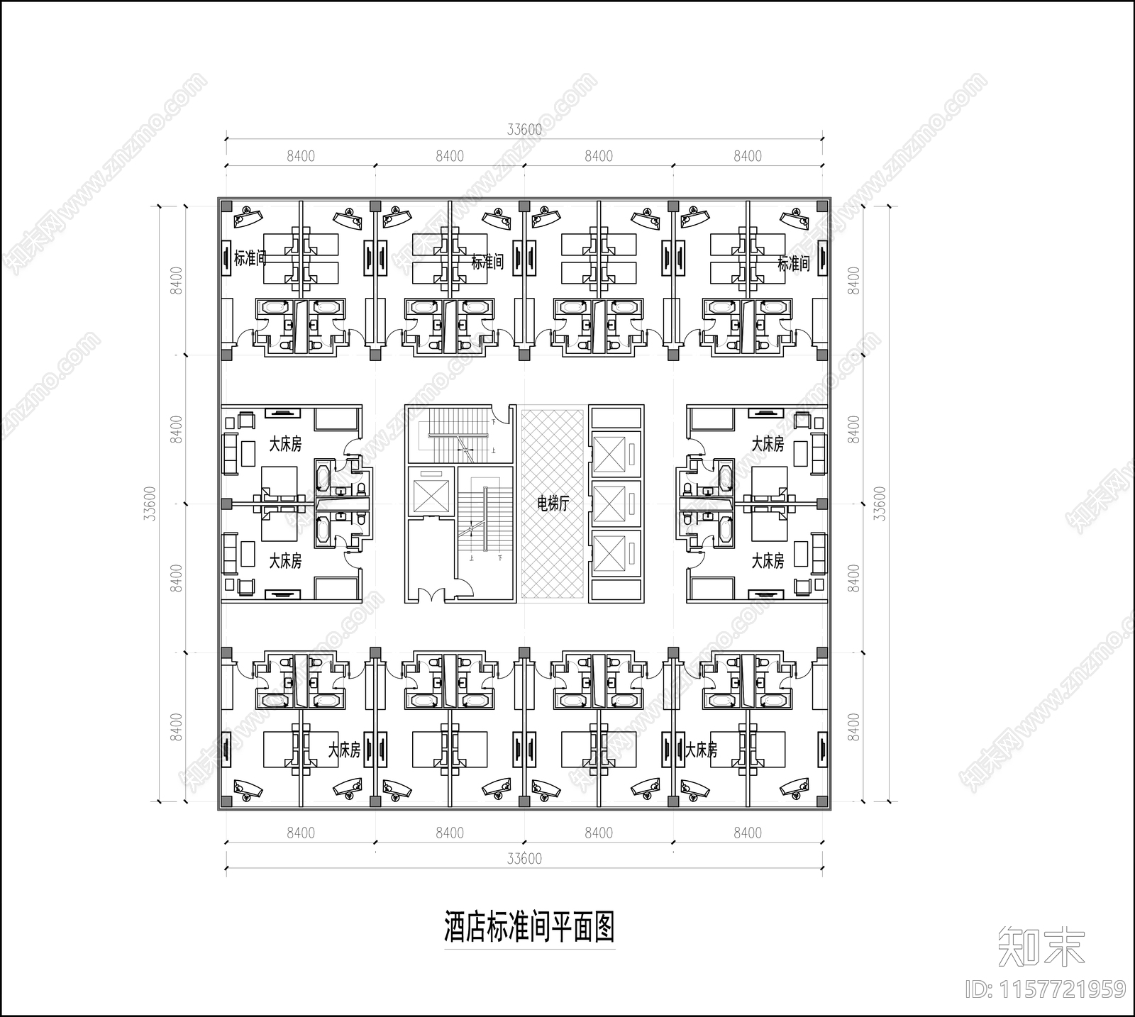 酒店客房标准层平面图施工图下载【ID:1157721959】
