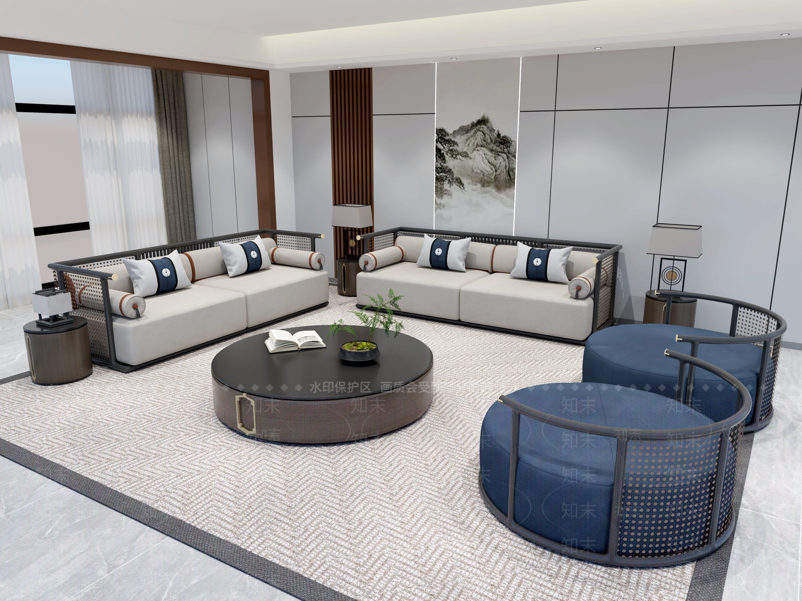 新中式客厅沙发组合3D模型下载【ID:1157725070】