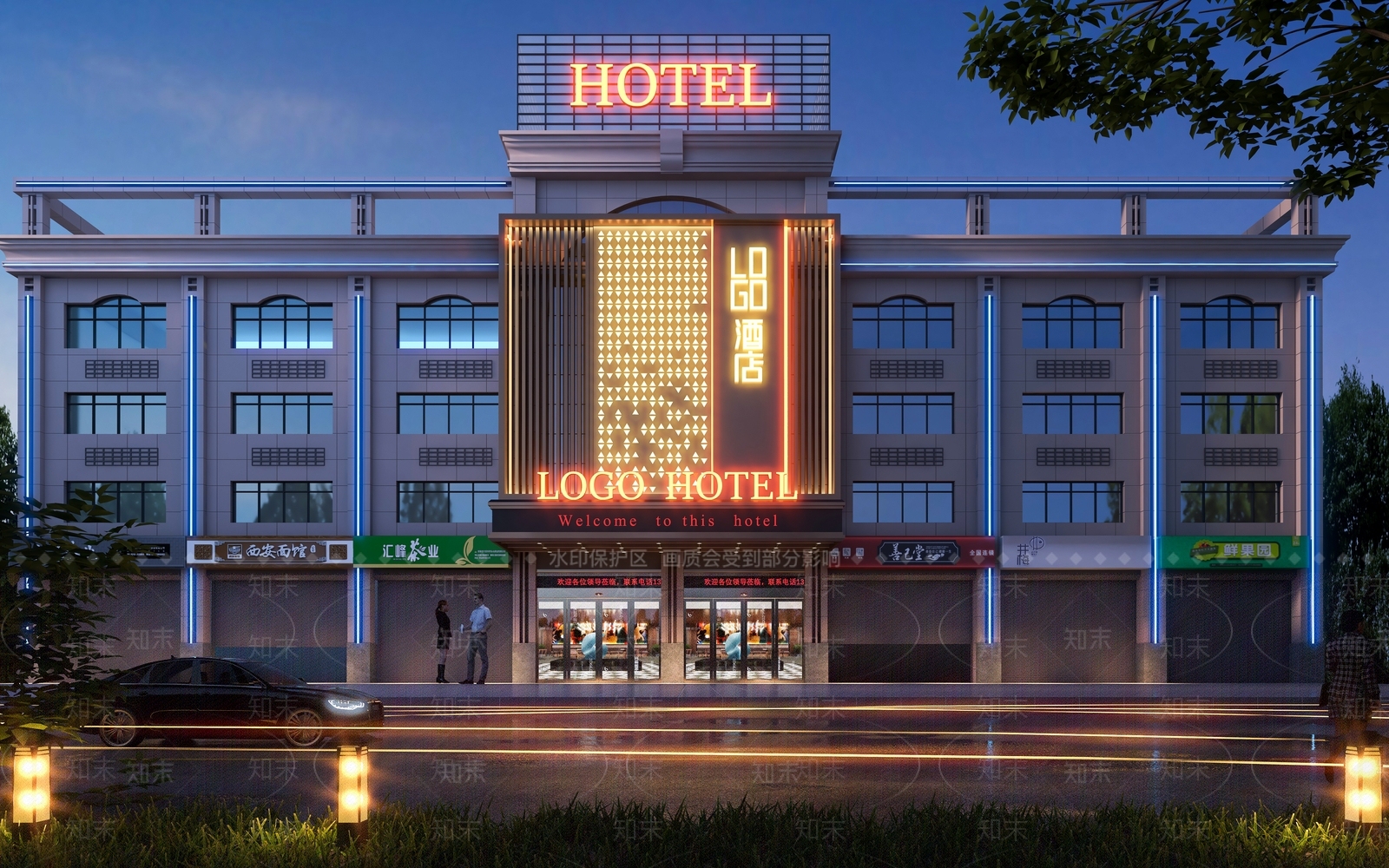 现代夜景酒店门头门面招牌面招牌3D模型下载【ID:1157727754】