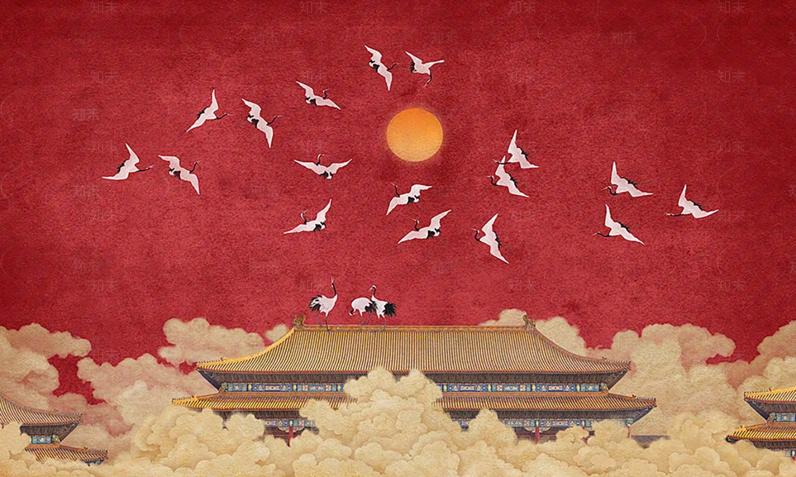 新中式故宫祥云飞鹤壁纸壁画贴图下载【ID:1157727616】