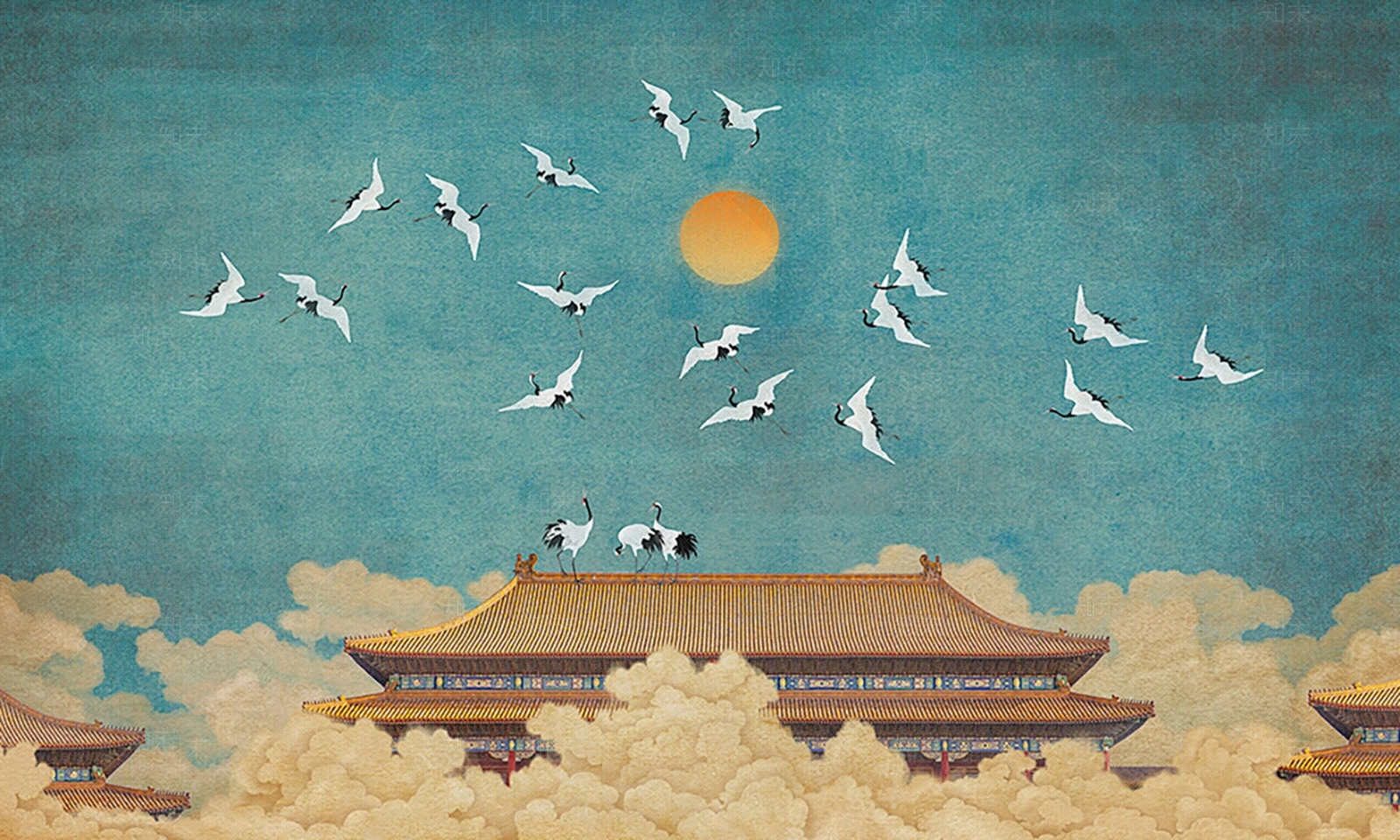 新中式故宫祥云飞鹤壁纸壁画贴图下载【ID:1157727701】