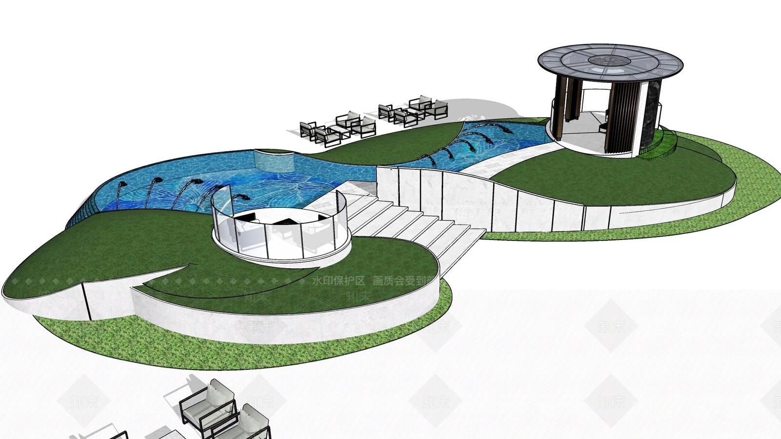 现代景观曲线水池SU模型下载【ID:1157741489】